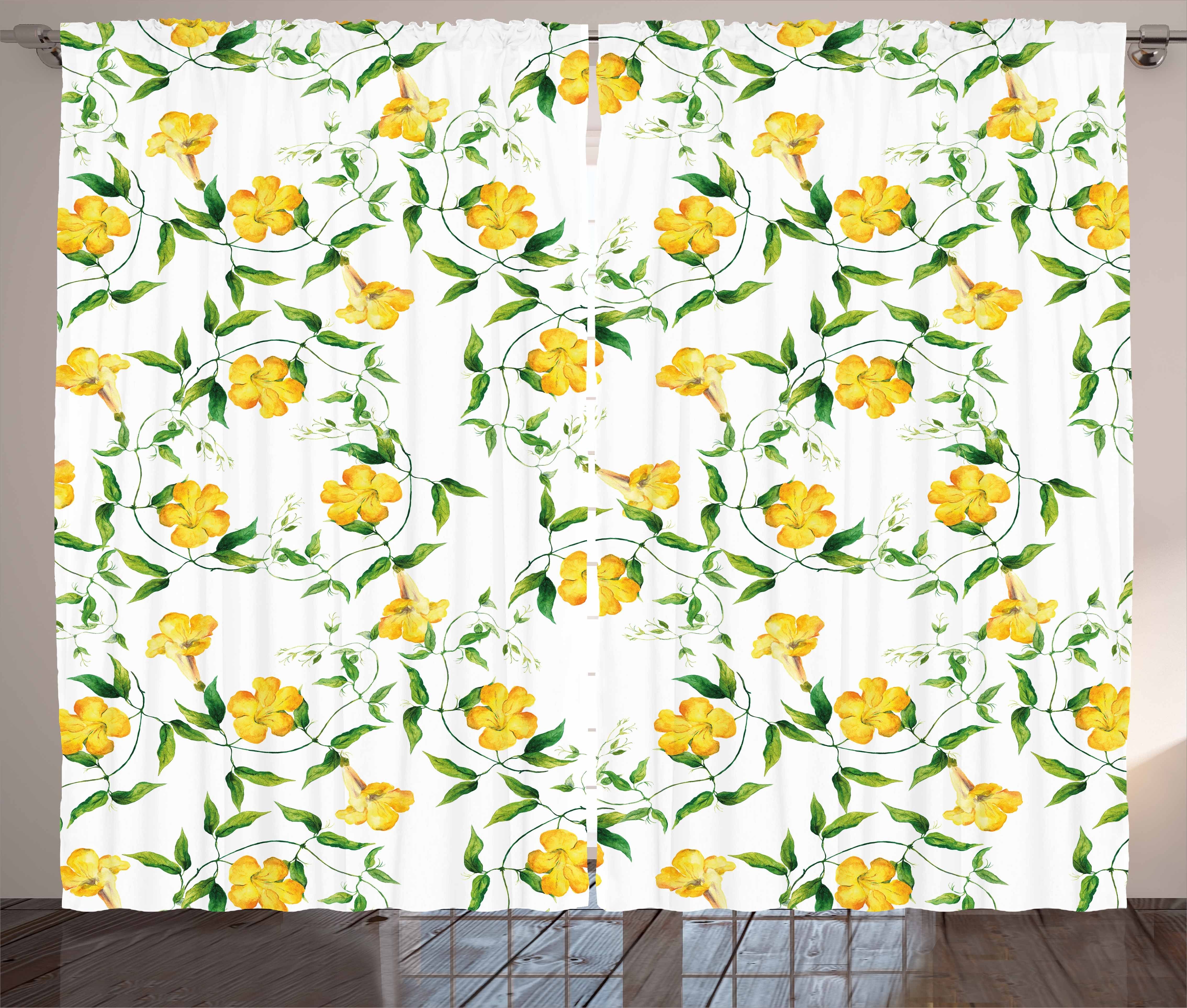 Gardine Schlafzimmer Kräuselband Vorhang mit Schlaufen und Haken, Abakuhaus, Gelbe Blume Botanical Theme