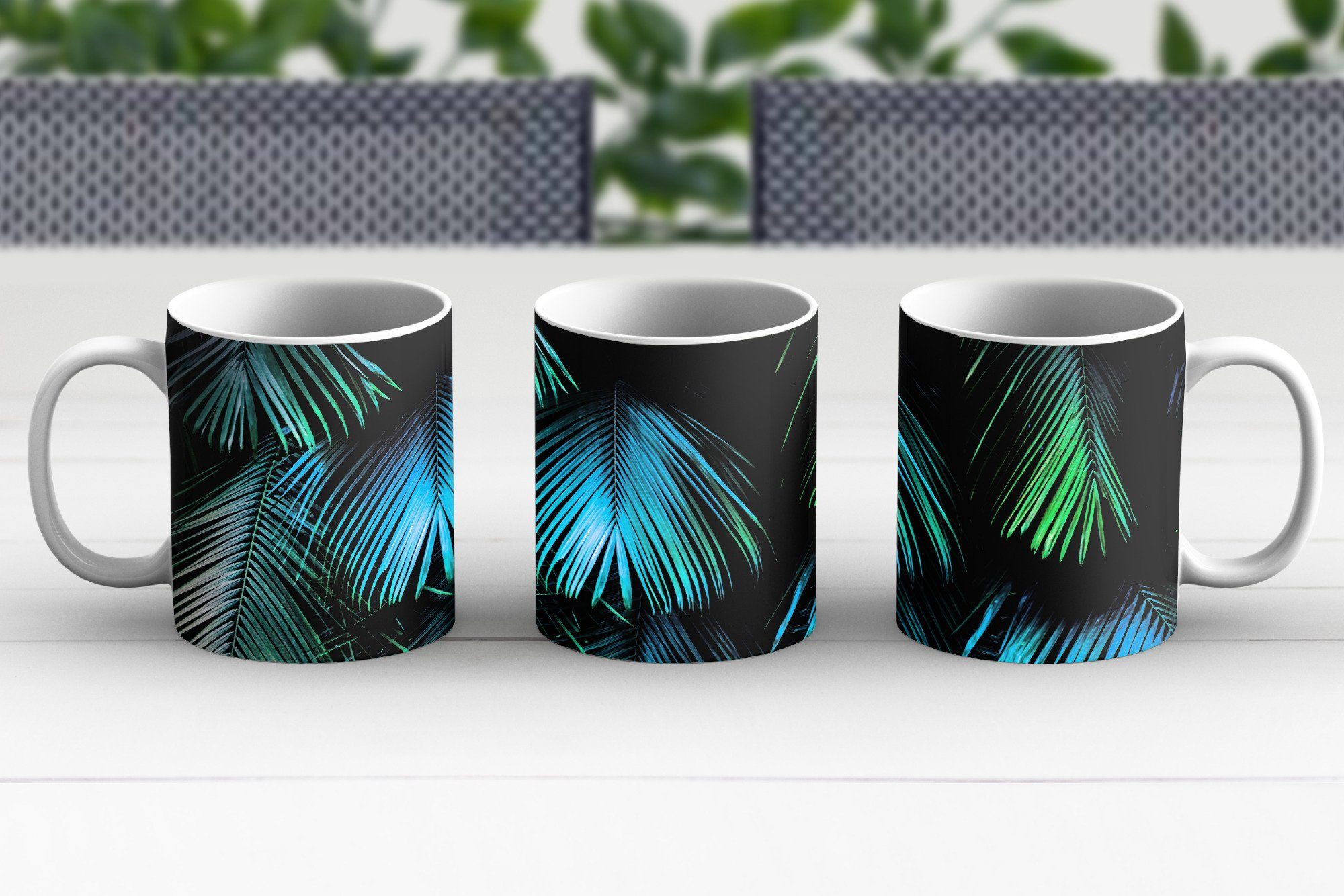 Geschenk Becher, Grün Blau, Teetasse, - Dschungel Teetasse, Tasse Keramik, - Kaffeetassen, - Palme MuchoWow