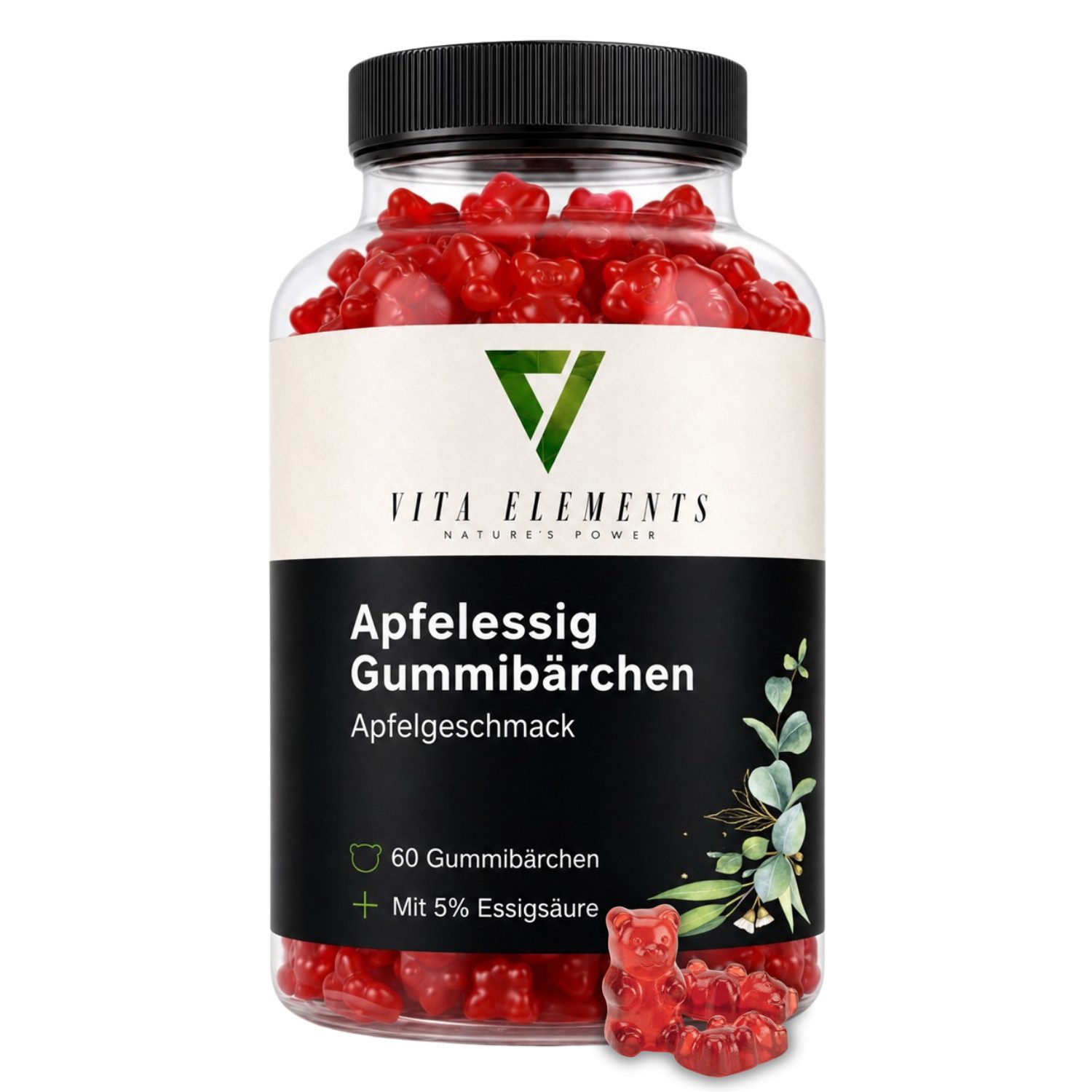 Vita Elements Apfelessig Gummies - Mit B6, Folsäure, Jod & B12, 60 Gummibärchen, 1 er Packung à 60 St., Apfelgeschmack, Gentechnikfrei, Ohne unnötige Zusätze, Laborgeprüft