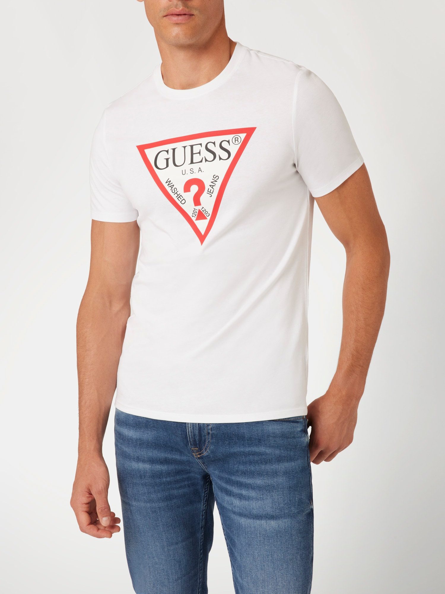 Guess T-Shirt ORIGINAL LOGO Rundhalsausschnitt, Slim Fit, reine Baumwolle