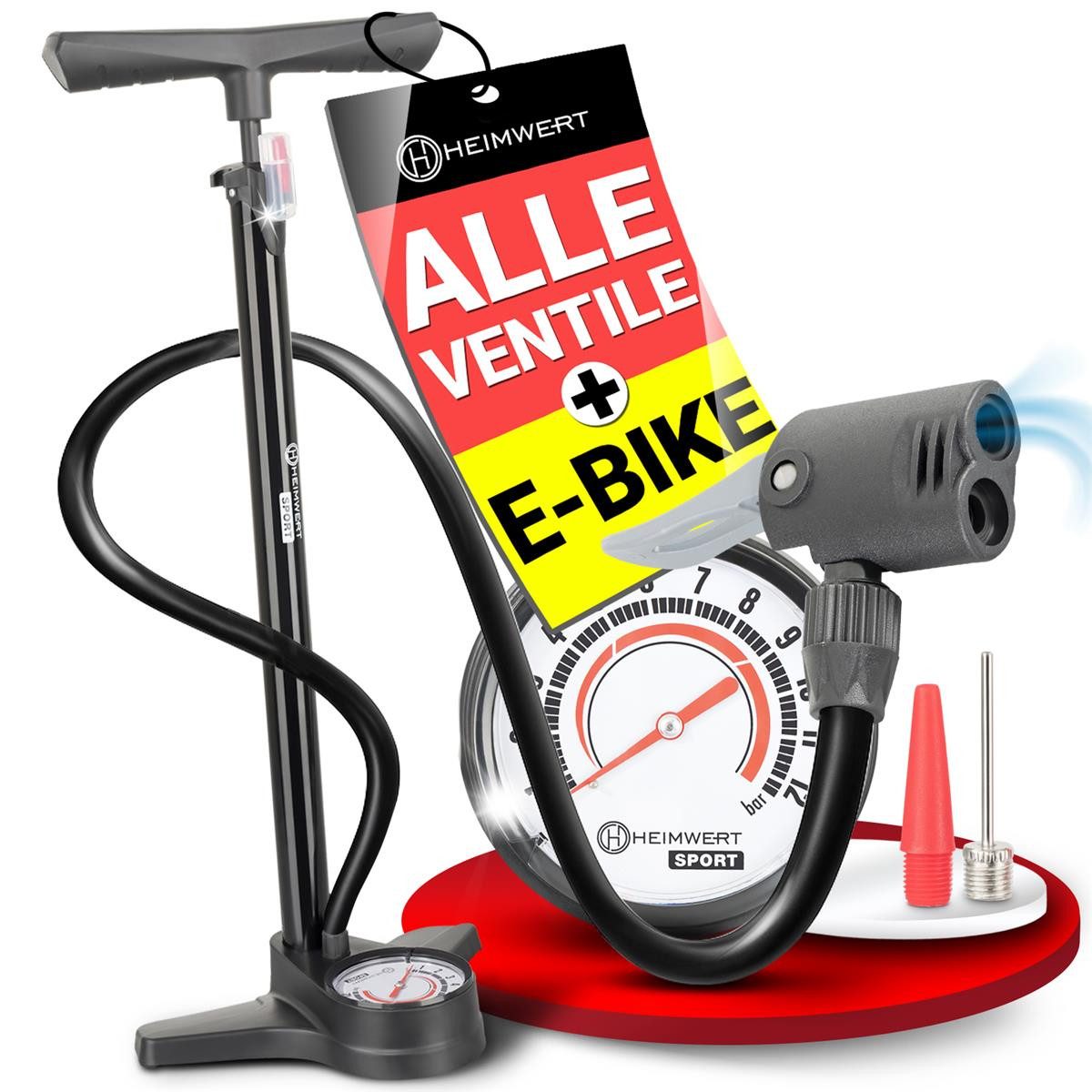 HEIMWERT Luftpumpe Fahrradpumpe Standpumpe für alle Ventile mit Manometer bis 12 bar