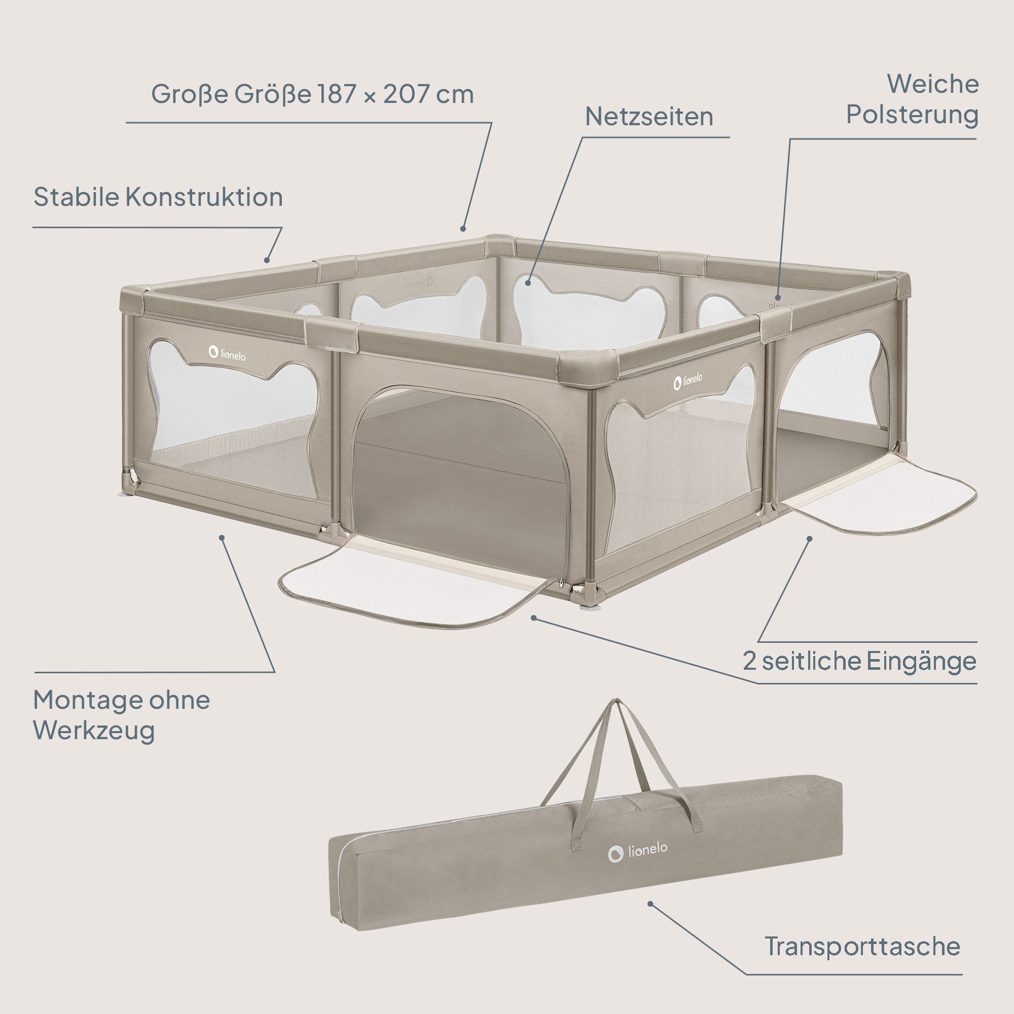 lionelo Laufgitter WILLOW XL (Set), sehr große Spielfläche, 2 abschließbare Seiteneingänge