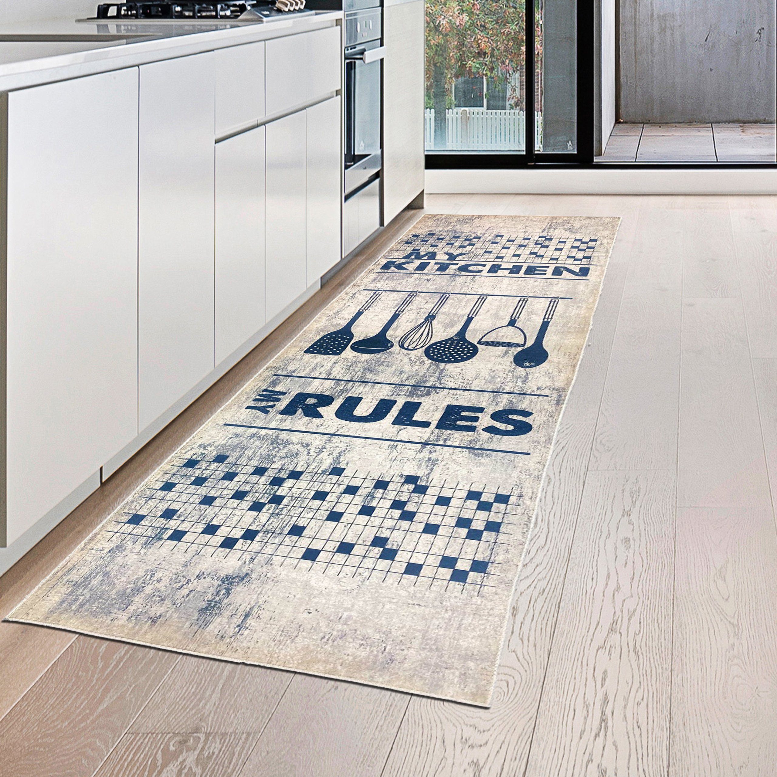 Teppich Küchenläufer Teppich waschbar mit Kochutensilien und Schriftzug, Teppich-Traum, rechteckig, Höhe: 5 mm