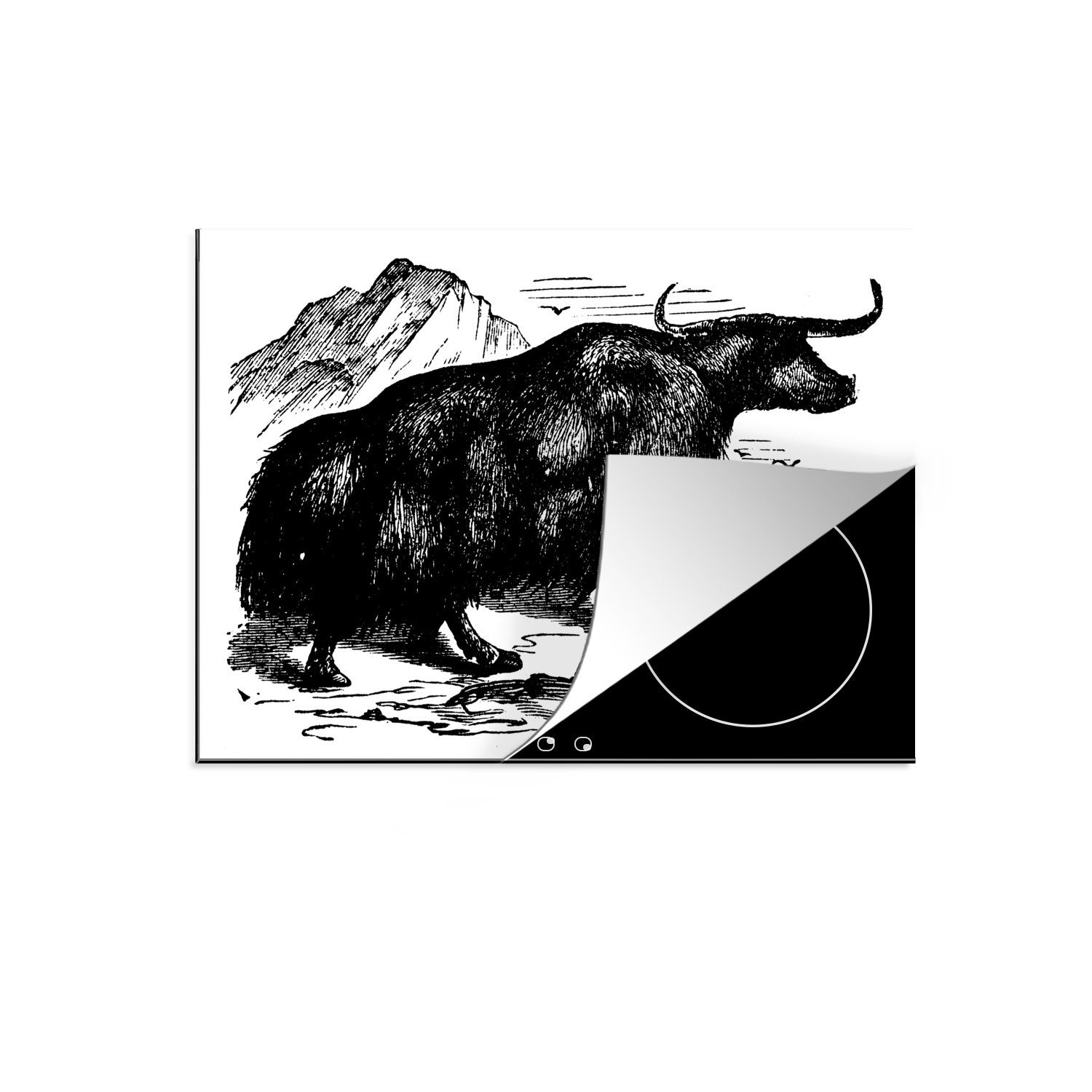 MuchoWow Herdblende-/Abdeckplatte Schwarz-Weiß-Illustration eines Yaks in den Bergen, Vinyl, (1 tlg), 70x52 cm, Mobile Arbeitsfläche nutzbar, Ceranfeldabdeckung