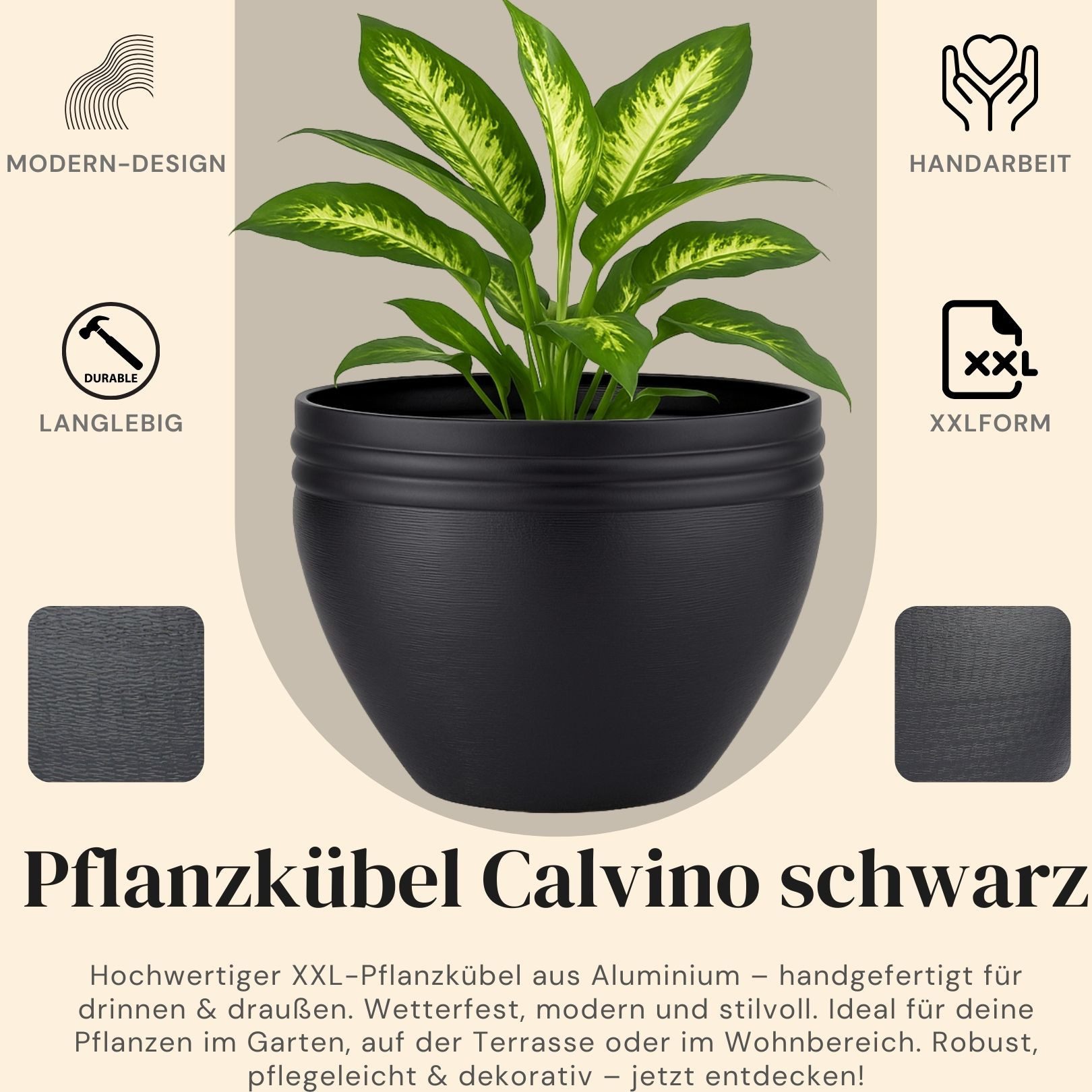 Marrakesch Orient & Mediterran Interior Übertopf Blumentopf Calvino schwarz 38cm - Aluminium Pflanzentopf modern (1 St), Handarbeit