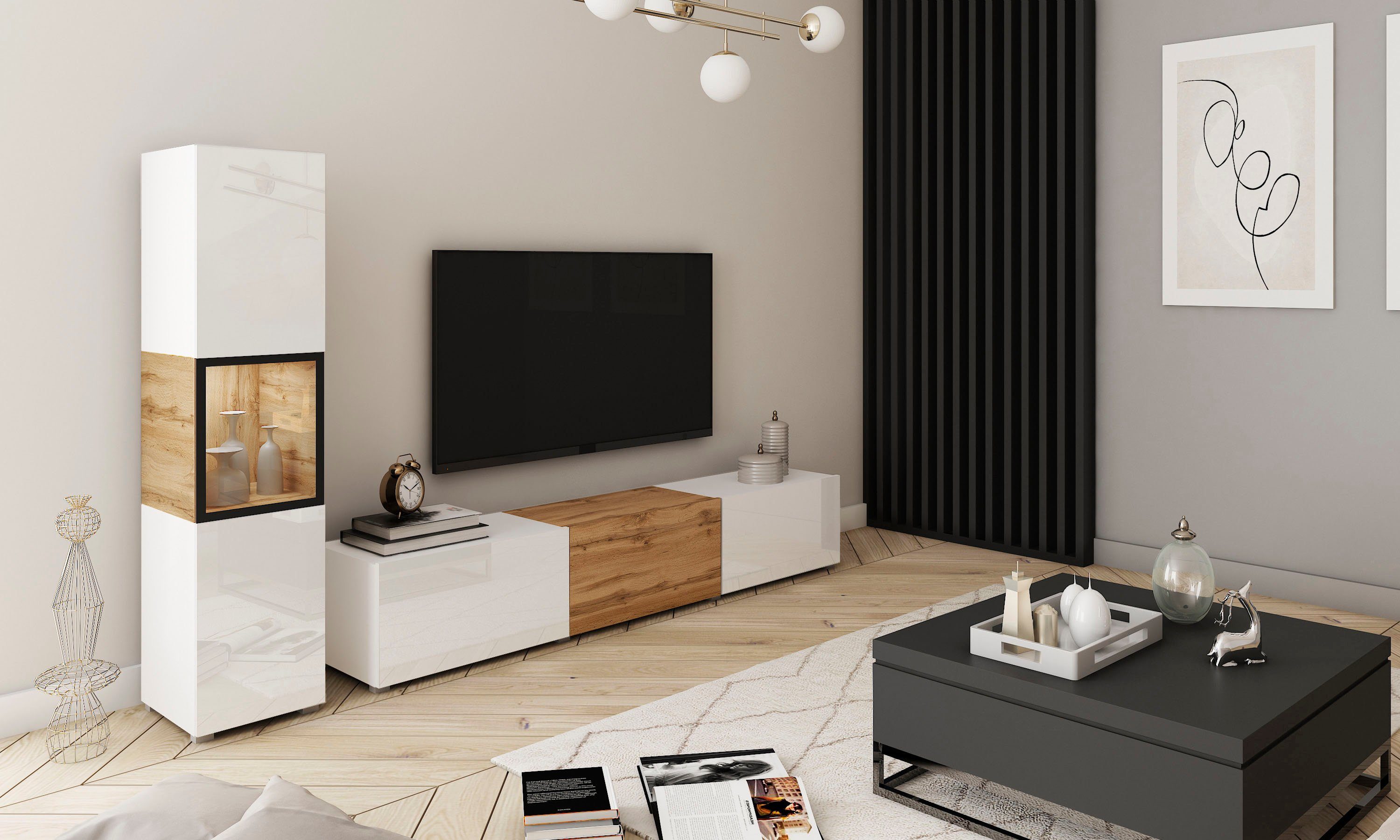 Home affaire Wohnwand BERLIN I, Vitrine Türschlag links/rechts wechselbar, (Komplett-Set, 2-St), moderne grifflose Mediawand Breite 220 cm, Vitrine mit Verglasung