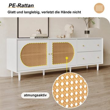 Fangqi TV-Schrank mit Echtholzfüßen und viel Stauraum-2 Schubladen, 2 Türen, Weiß (180*40*65cm) mit stilvollem Rattandesign für Ihre Unterhaltungselektronik