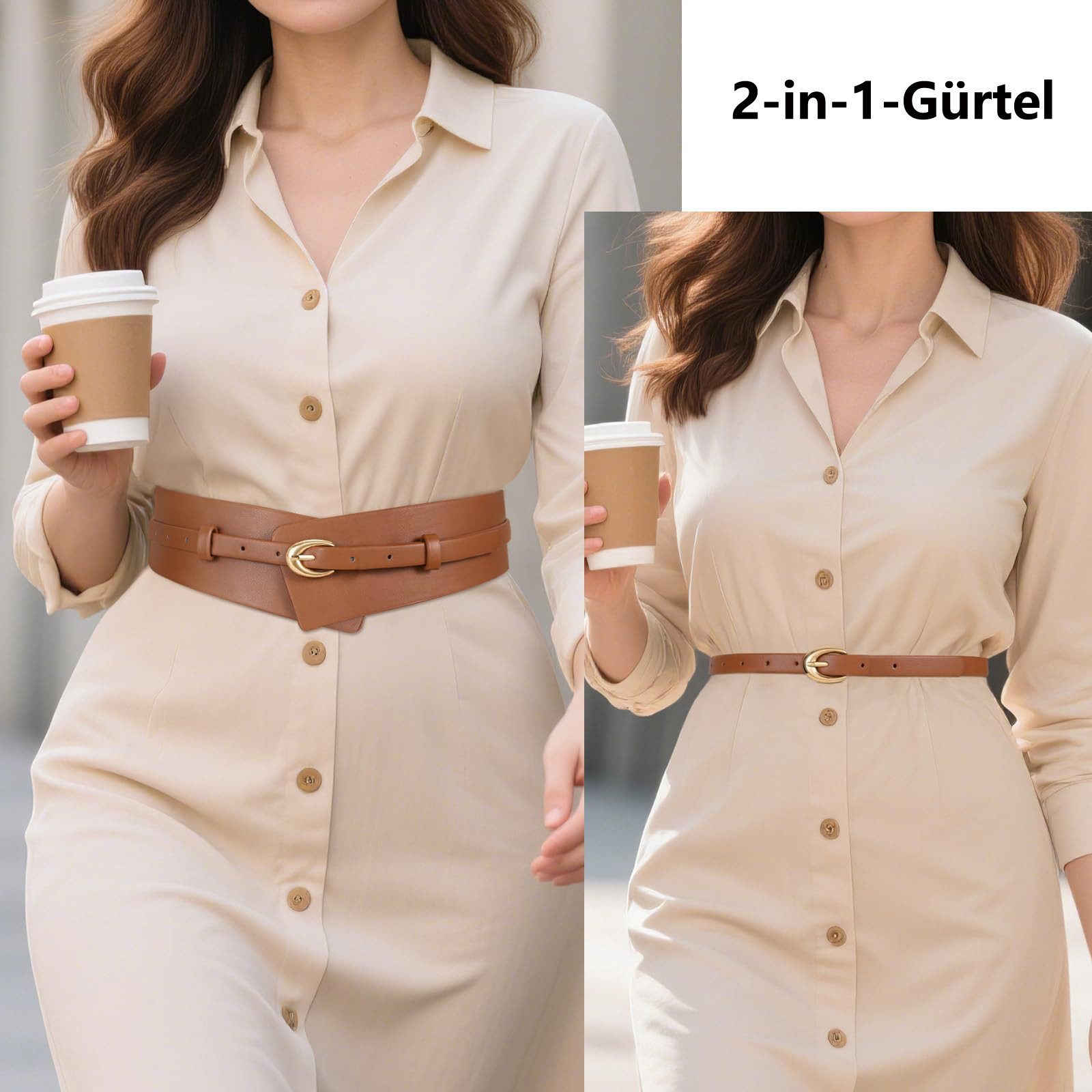Zaewry Taillengürtel Damen Breiter Ledergürtel Mode Damen Kleidergürtel, 2-in-1 Taillengürtel mit Schmaler Gürtel für Anzüge – Bild 2 von 5