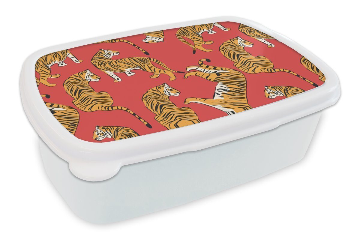 MuchoWow Lunchbox Tiger - Dschungel - Muster, Kunststoff, (2-tlg), Brotbox für Kinder und Erwachsene, Brotdose, für Jungs und Mädchen weiß