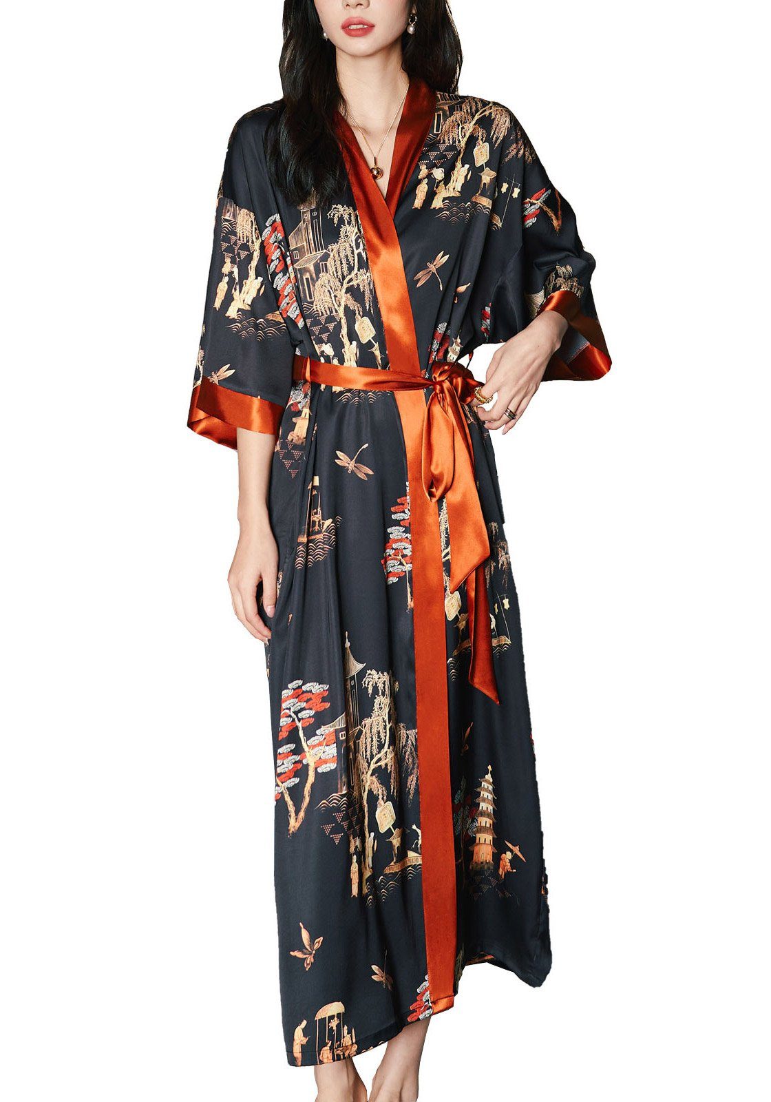 Vivi Idee Morgenmantel Bademantel Schlafmantel kimono lang leicht satin Sauna Einheitsgröße, Kimono-Kragen, Bindegürtel, Seidig