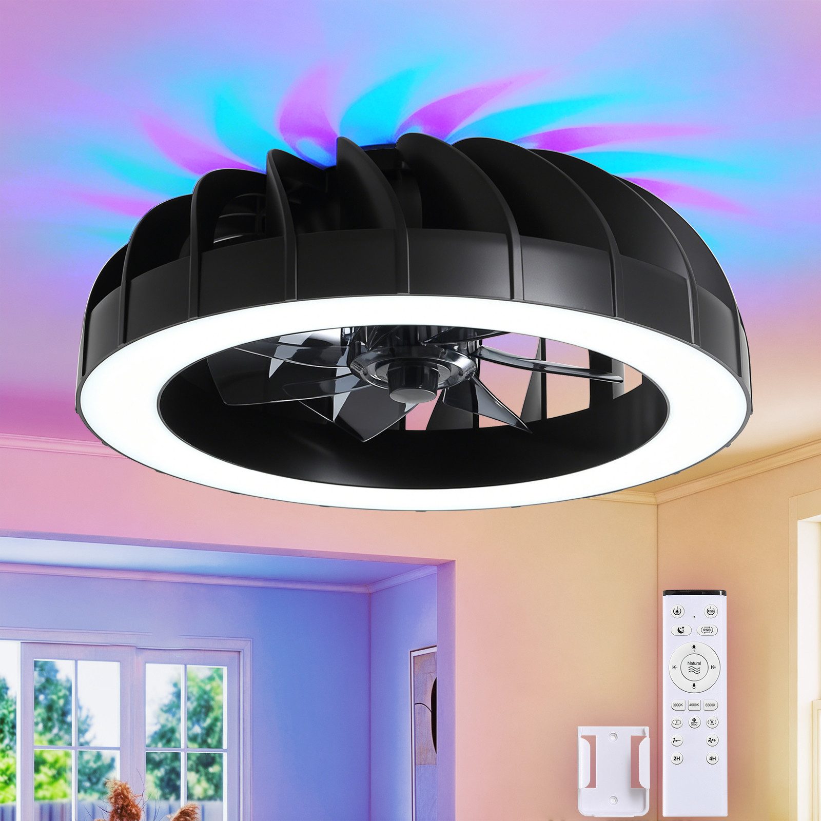 RRBEST Deckenventilator RGB Deckenventilator mit Beleuchtung, Dimmbar Deckenleuchte, mit Fernbedienung, 6 Windstufen, 3000K-6500K