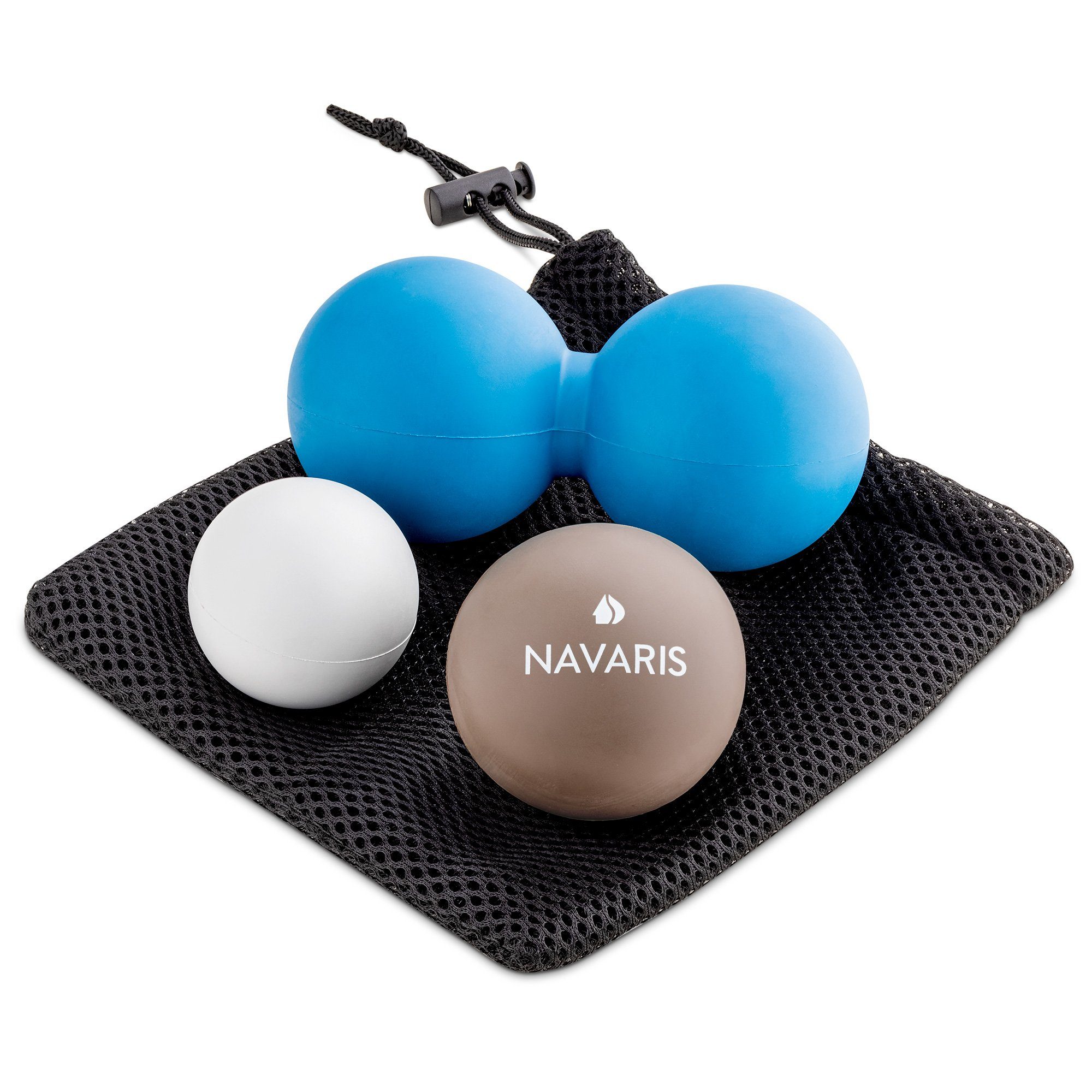 Navaris Massageball, Set - 2x Lacrosse Ball 1x Duoball - Peanut Duo Ball  Faszienball zur Massage von Nacken Schulter Rücken - mit Beutel