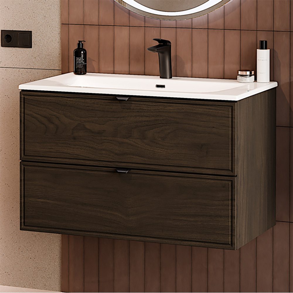 Lomadox Waschtisch TEMUCO-56-WALNUT, 80 cm breit in Walnuss mit Rahmenfräsung, wandhängend