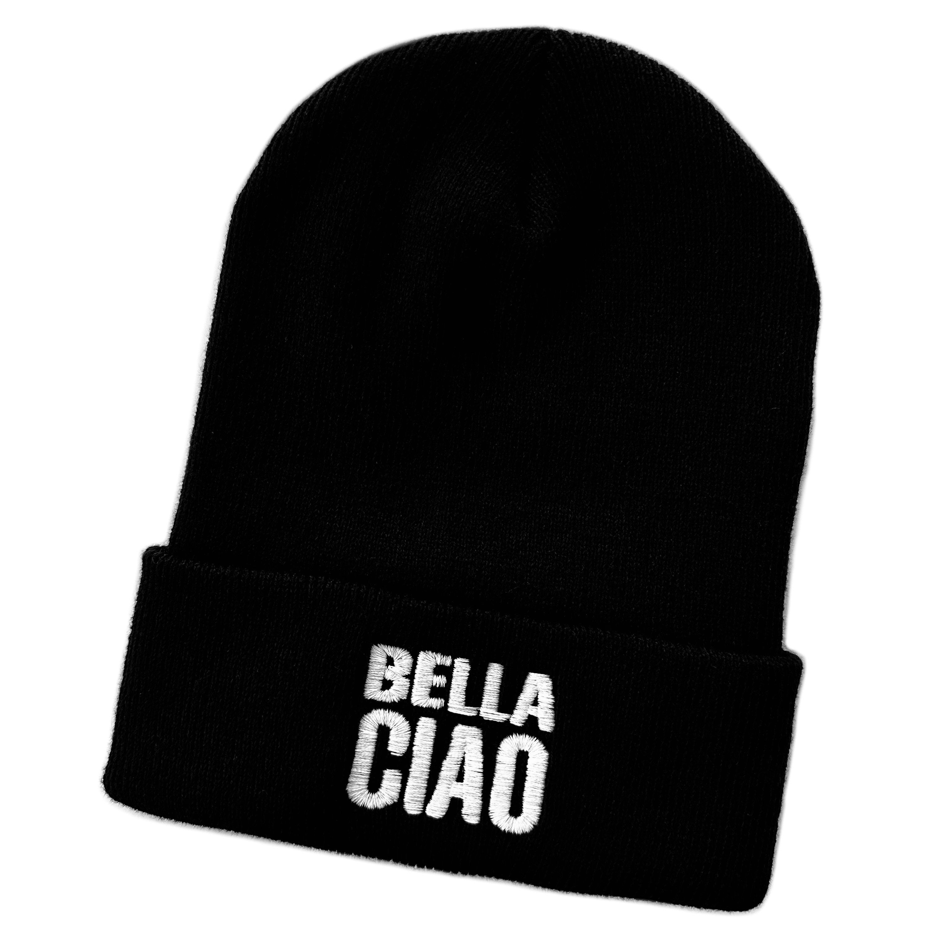 Schnoschi Strickmütze Wintermütze Bella Ciao (unisex) bestickt Statement Spruch Streetwear mit breitem Umschlag
