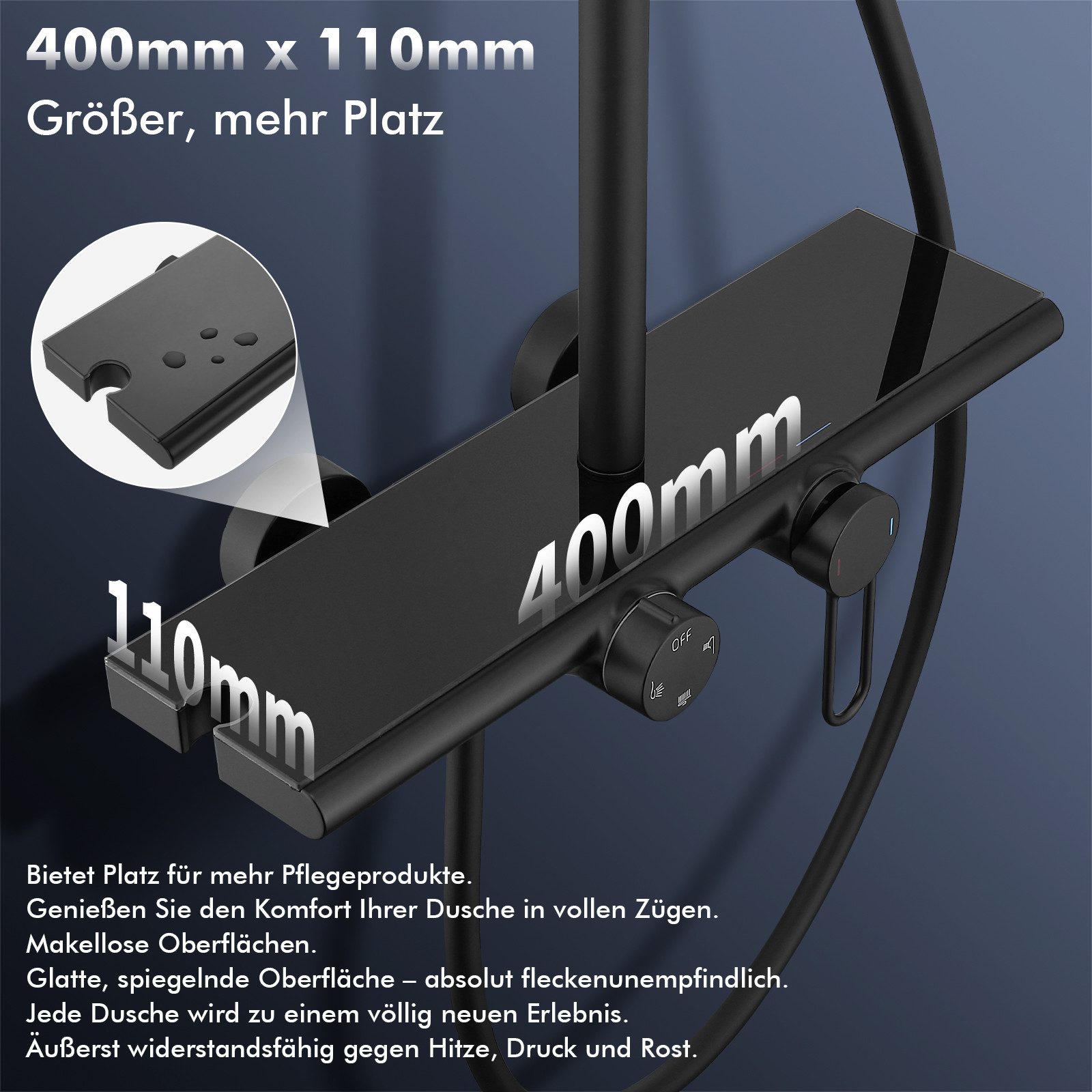 HOMELODY Duschsystem Schwarz Matt 250mm Regendusche Wasserfall Handbrause Ablage, Regendusche Duschset mit Ablage Handbrause 5 Funktionen