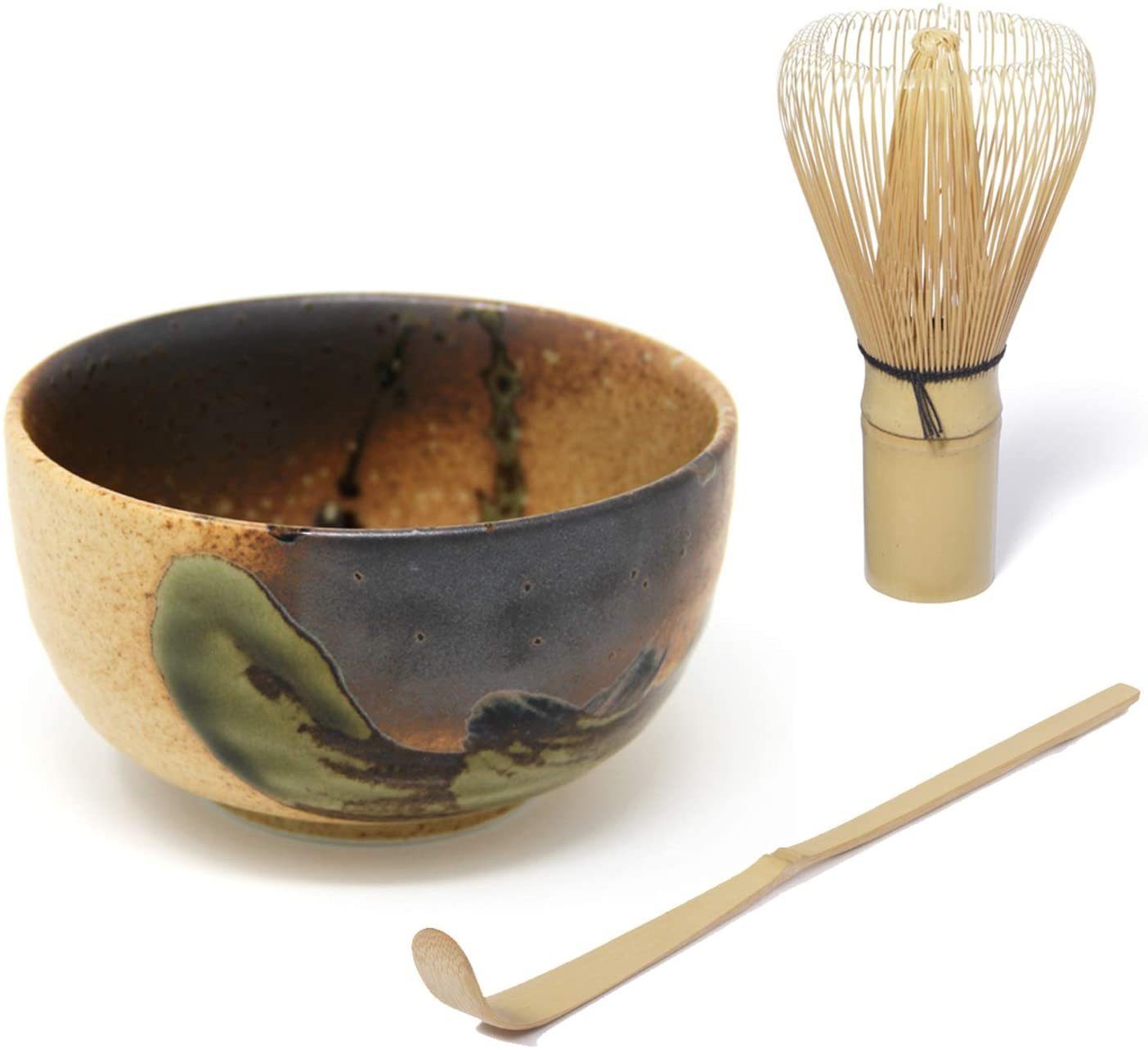 Quertee Teebereiter Matcha Set - Original japanische Matcha Schale ca. 400 ml PLUS Matcha Besen Chasen - Matchabesen PLUS Matcha Bambuslöffel