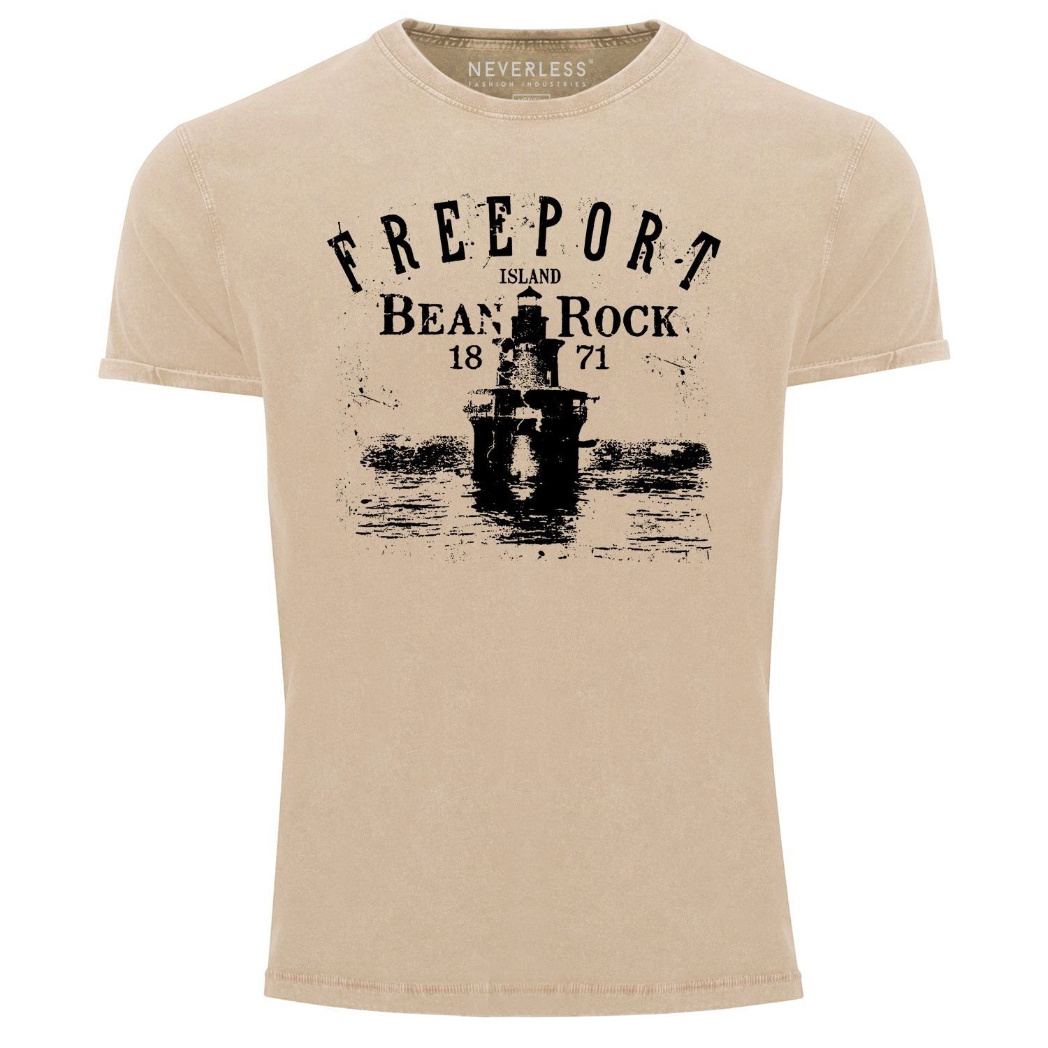 Neverless Print-Shirt Herren Vintage Shirt Retro Print Leuchturm Schriftzug Freeport Island Neverless® mit Print natur