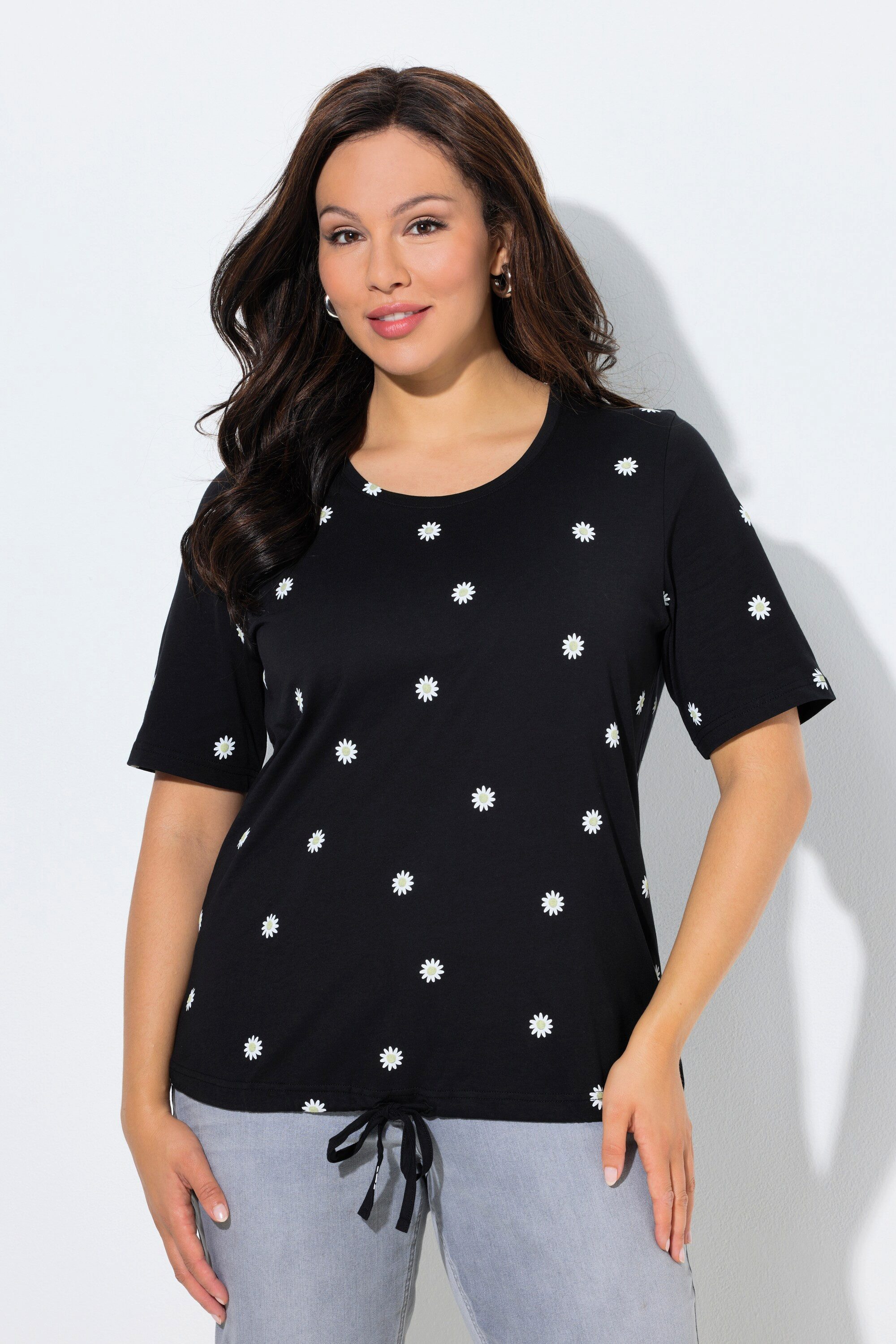 Ulla Popken T-Shirt T-Shirt Blüten Classic Rundhals Halbarm Tunnelzug günstig online kaufen