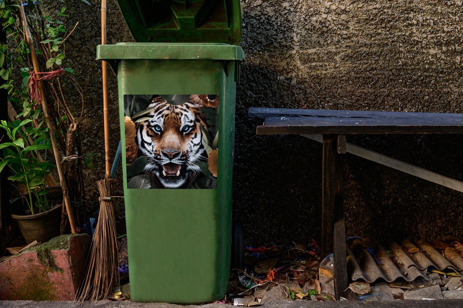 Tiere - Mülltonne, Blatt Tiger Container, - Wandsticker Mülleimer-aufkleber, (1 St), Abfalbehälter MuchoWow Sticker,