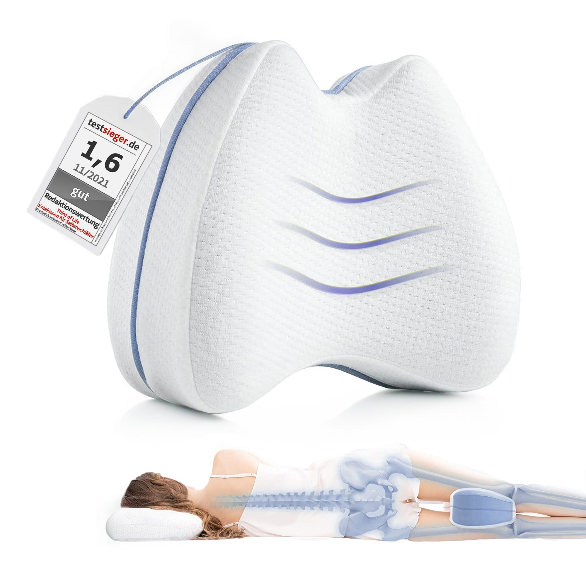 Third of Life Kniekissen Knie-Stützkissen für Seitenschläfer mit Memory Schaum, (1-St., Ergonomische Kniekissen für die Seitenlage von Third of Life), Unterstützt optimal eine gesunde Körperhaltung und die Wirbelsäule