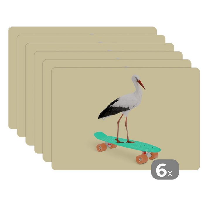 Platzset Storch - Weiß - Tiere - Skateboard - Schwarz MuchoWow (6-St) Platzset Platzdecken Platzmatte Tischmatten Schmutzabweisend