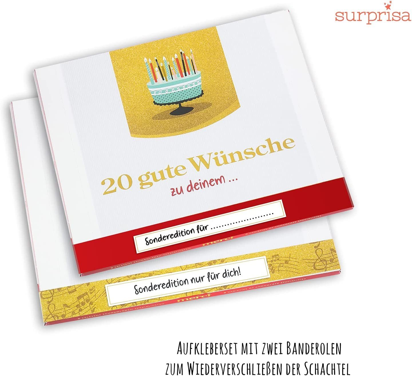 SURPRISA Aufkleber Aufkleber Set personalisierte Sticker für Merci Schokolade, individuelles Geschenk, 20 gute Wünsche zum Geburtstag