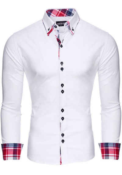 Reslad Langarmhemd Reslad Herren Hemd Button-Down Slim Fit Kontrast Langarmhemd RS-7015 Doppelkragen Kontrast Karo Muster Сорочки
