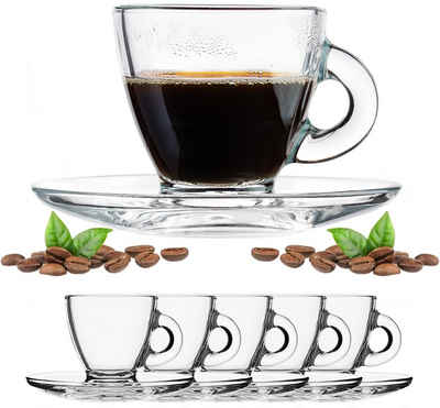 PLATINUX Latte-Macchiato-Glas Espressogläser mit Griff und ovalen Untertassen, Glas, Kaffeegläser 12 Teilig Kaffeetasse Frühstücksgläser