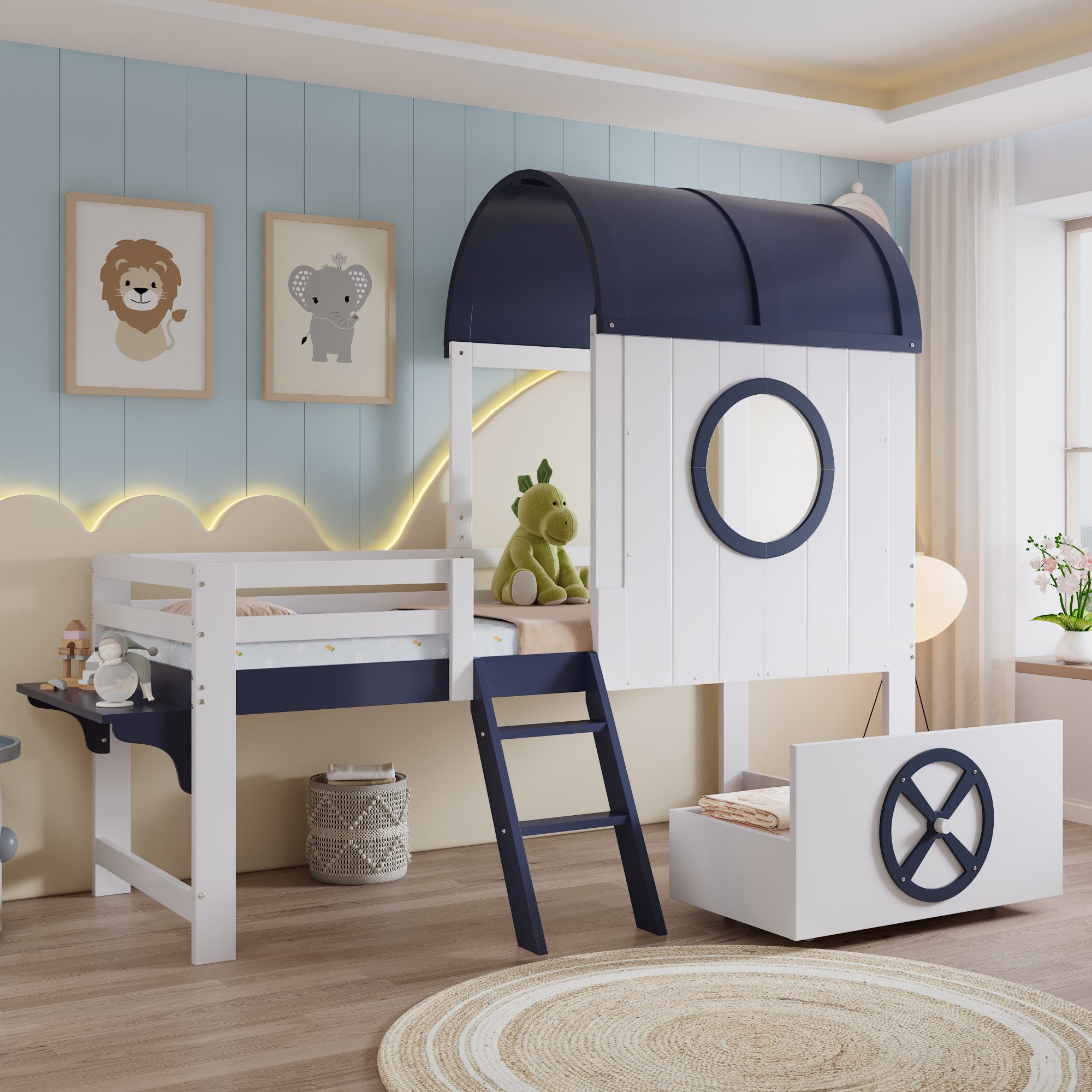 STILVORA Kinderbett 90x200 Etagenbett mit Schublade auf Rollen,Bettgestell mit Fenster (mit maritimem Dach & Fenster, praktische Schublade mit Rollen, zweistufige Schrägleiter, stabiler Kiefer-MDF-Rahmen, Halbhohes Etagenbett für Kinder, 90x200cm), ohne Matratze