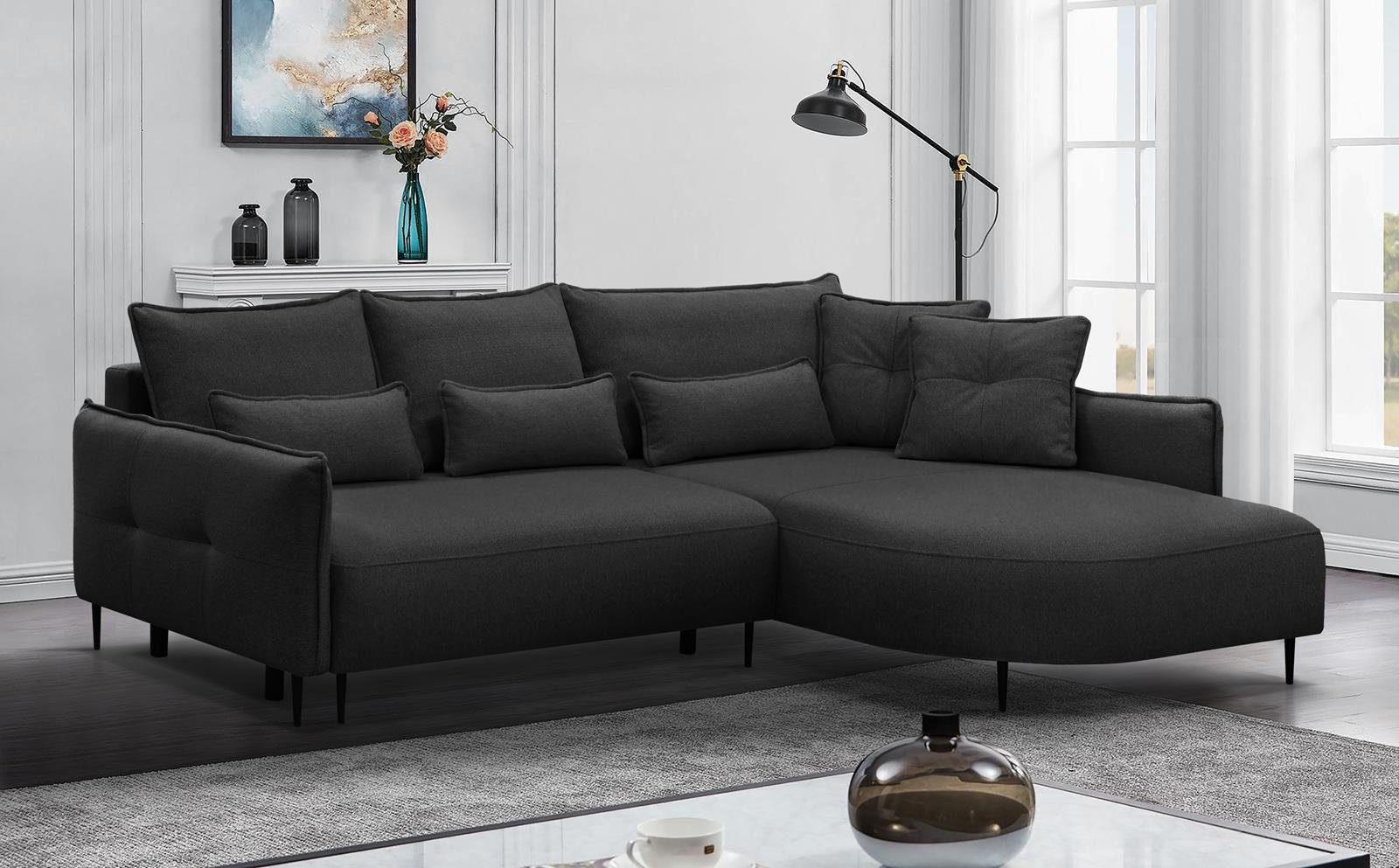 Beautysofa Polsterecke Salerno, mit Schlaffunktion 250x140 cm, mit Bettkasten, abgerundete mane, modernes Design,mit lose Kissen, für Wohnzimmer, links oder rechts Schwarz (magnum 14)