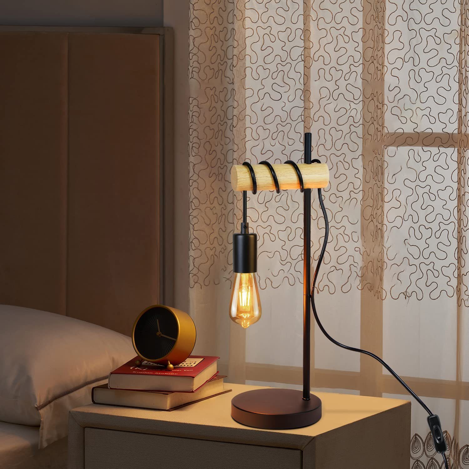 Kabelschalter Schlafzimmer, für Nettlife Holz Industriestahl LED Schreibtischlampe und Retro E27-max25W Wohnzimmer wechselbar,