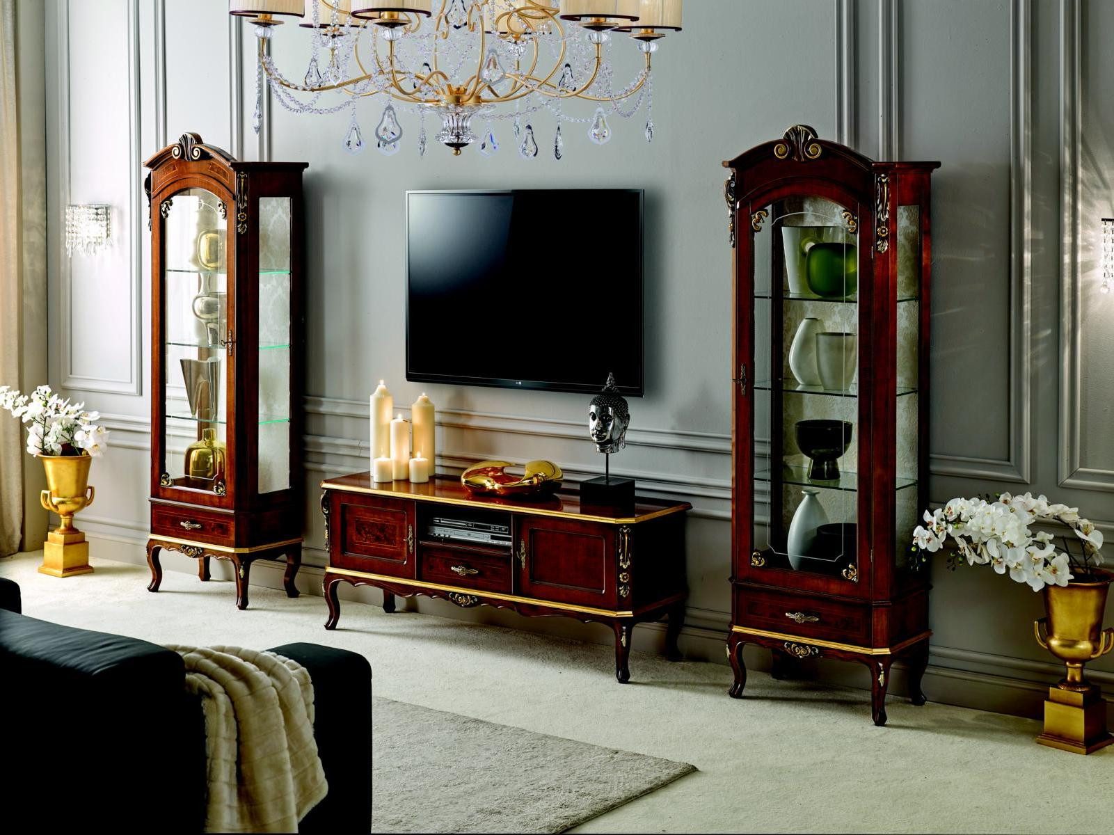 Xlmoebel Wohnwand Elegantes RTV Sideboard aus echtem Holz mit Vitrine und Stauraum, (3-St., 3tlg.Wohnwand), Hergestellt in Europa