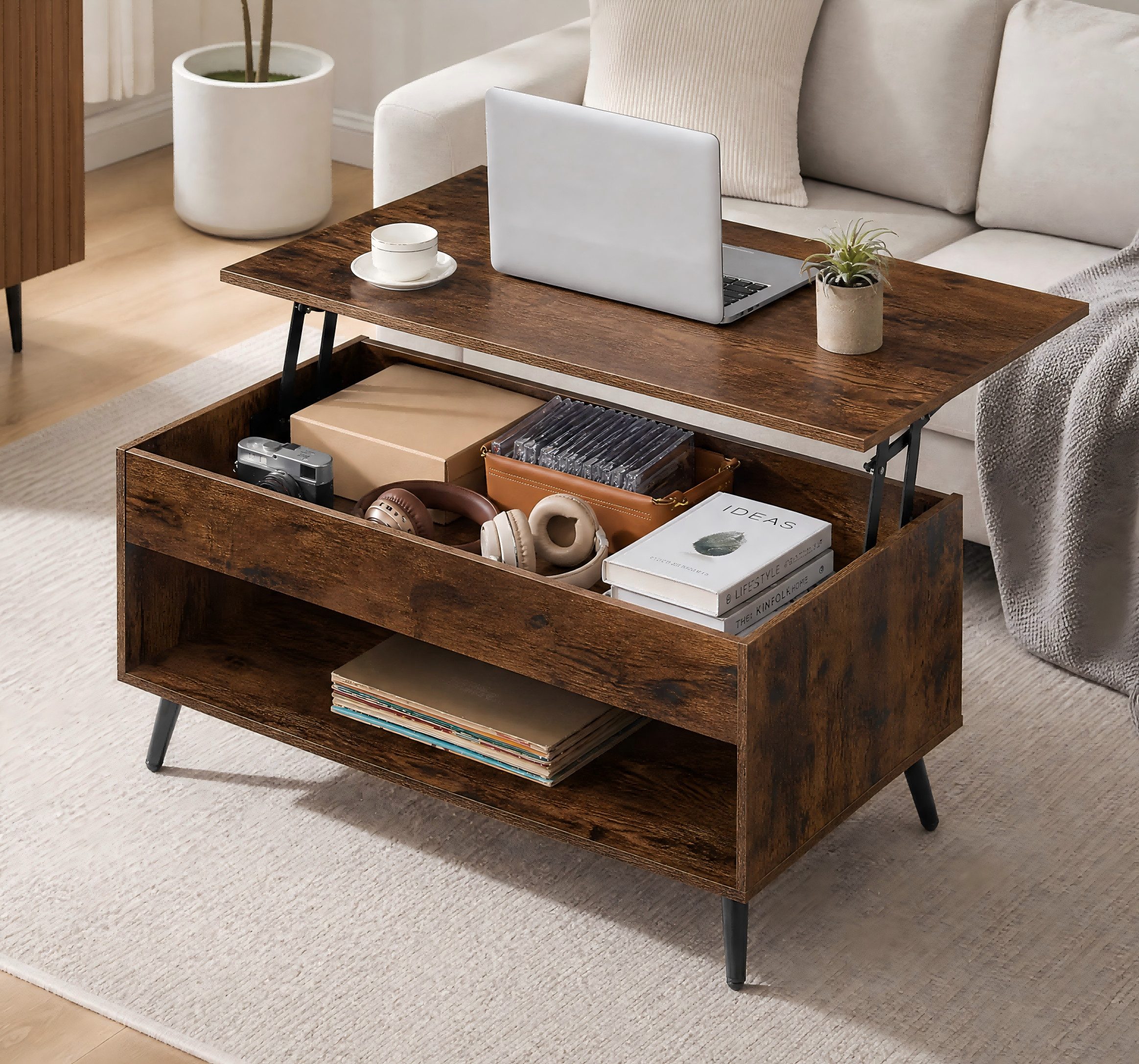 VASAGLE Couchtisch höhenverstellbarer Wohnzimmertisch, für Wohnzimmer, Homeoffice (inkl. Zubehörpaket & Anleitung, aufklappbar), Kaffeetisch, Gaszylinder, verstecktes Fach, offenes Fach