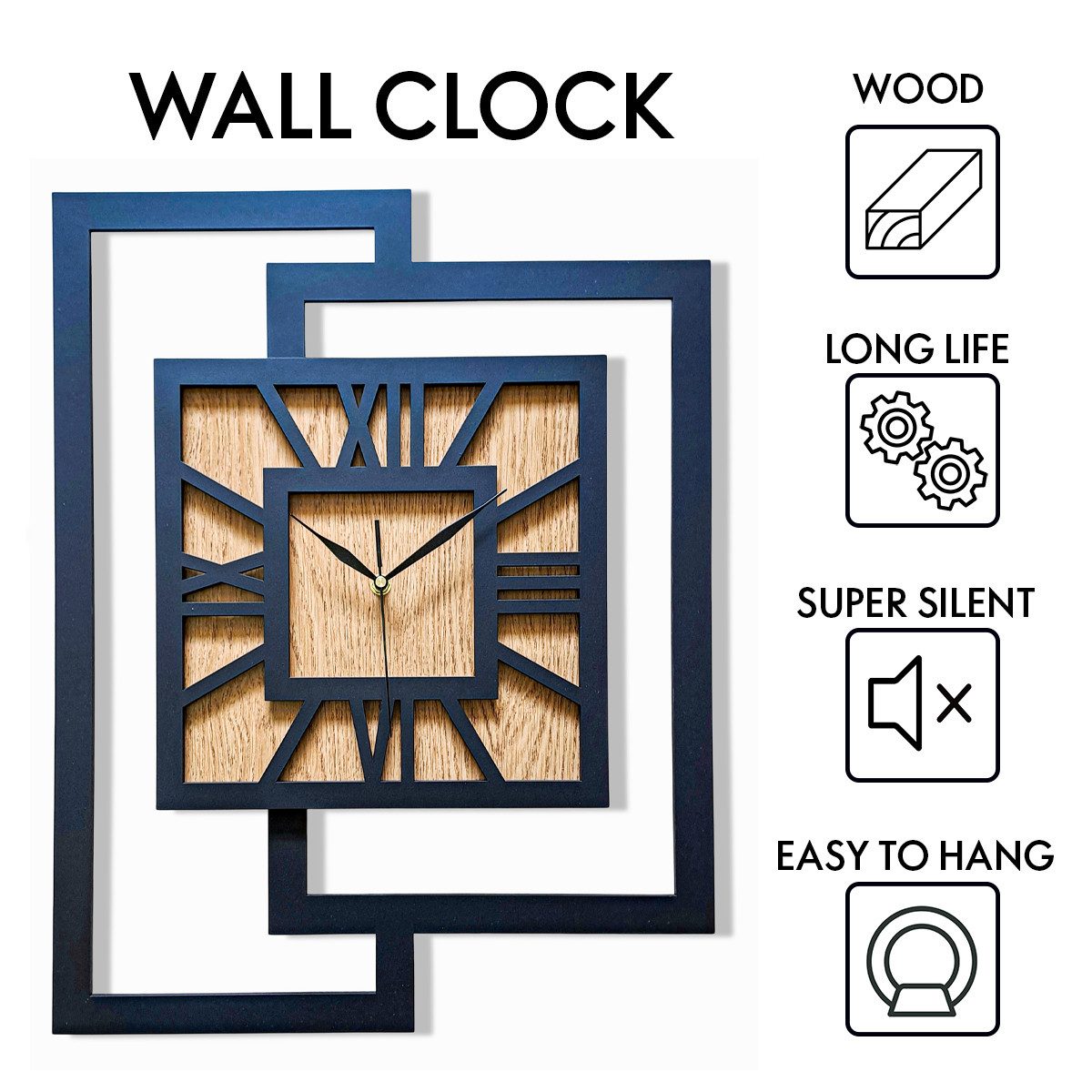 ORNAMENTI Wanduhr Grosse, moderne, geometrisch, Holz, hingucker, Loft, Rechteck (römisch, römische Ziffern, ohne Ticken, Wanddeko)