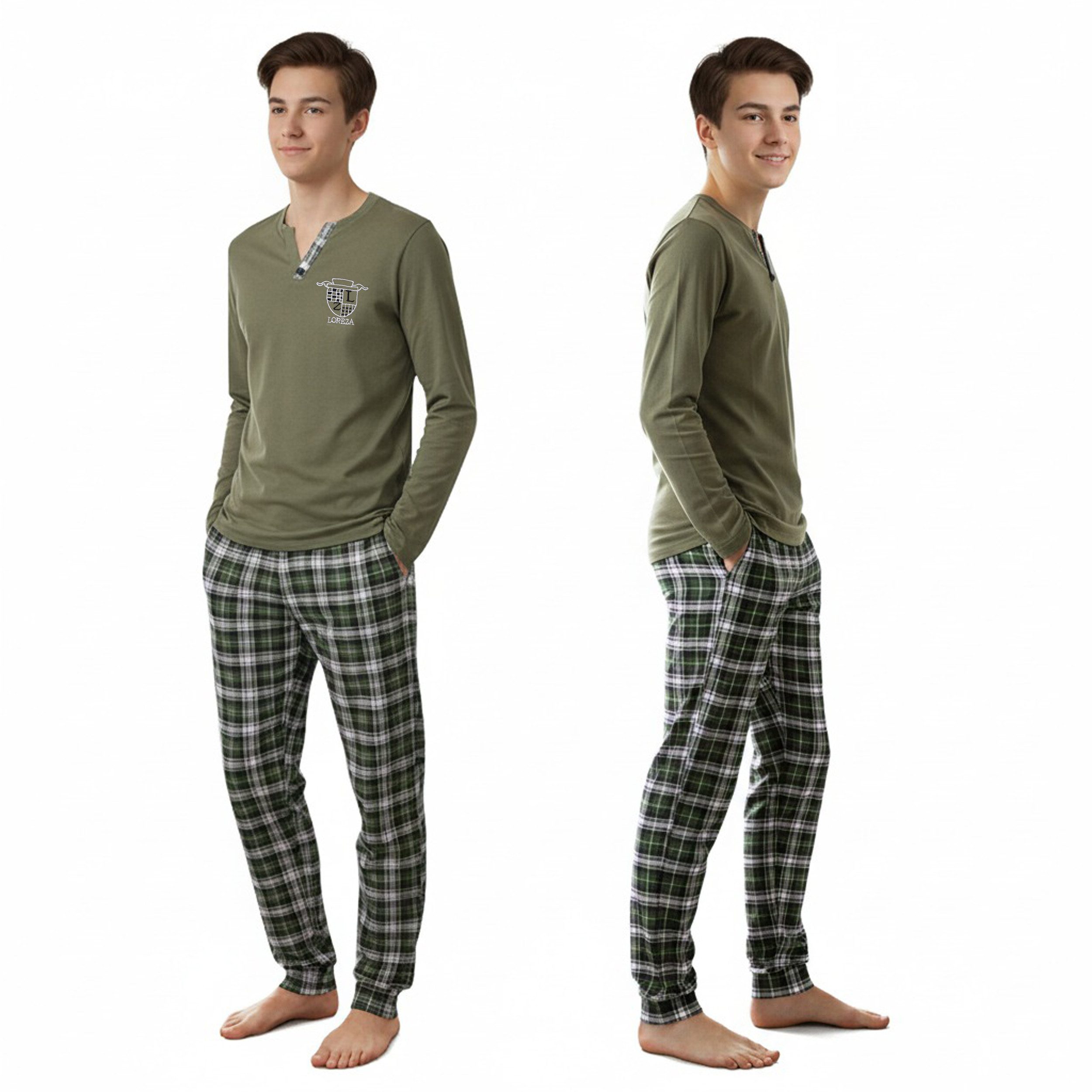 LOREZA Pyjama Jungen Schlafanzug zweiteilig Langarm - Kariert - Grün (Set, 2 tlg)
