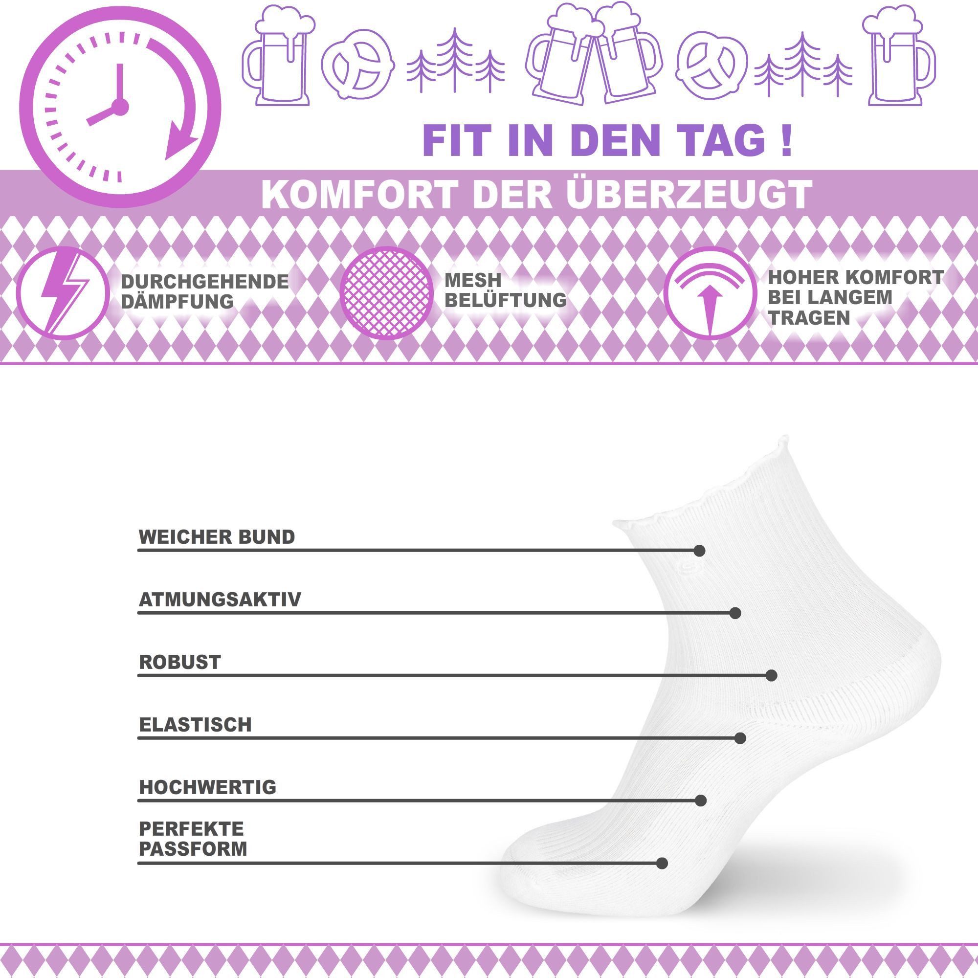 Skechers Trachtensocken Damen - Atmungsaktiv und komfortabel - Für Dirndl und Trachtenmode Socken für Oktoberfest, Wiesn, Volksfest und Kirchweih - Weicher Bund