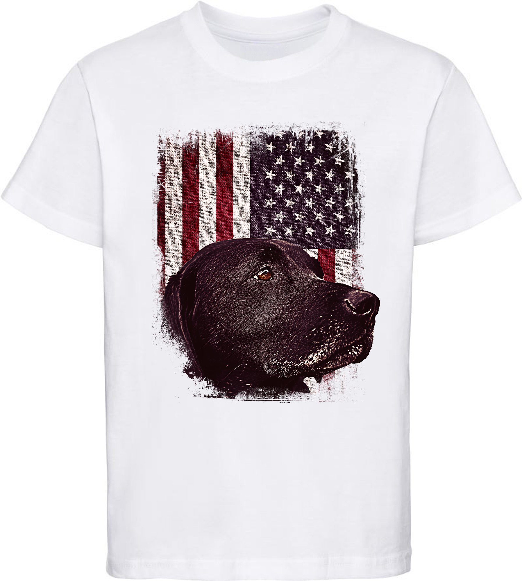 MyDesign24 USA T-Shirt Shirt Kinder bedruckt Labrador weiss vor Print mit i246 schwarzer Aufdruck, Flagge Hunde Baumwollshirt -