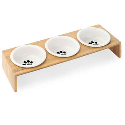 Navaris Tier-Beschäftigungsspielzeug 3x Futternapf mit Bambus Halter - 3er Set Keramiknapf für Katzen/Hunde, Bambus
