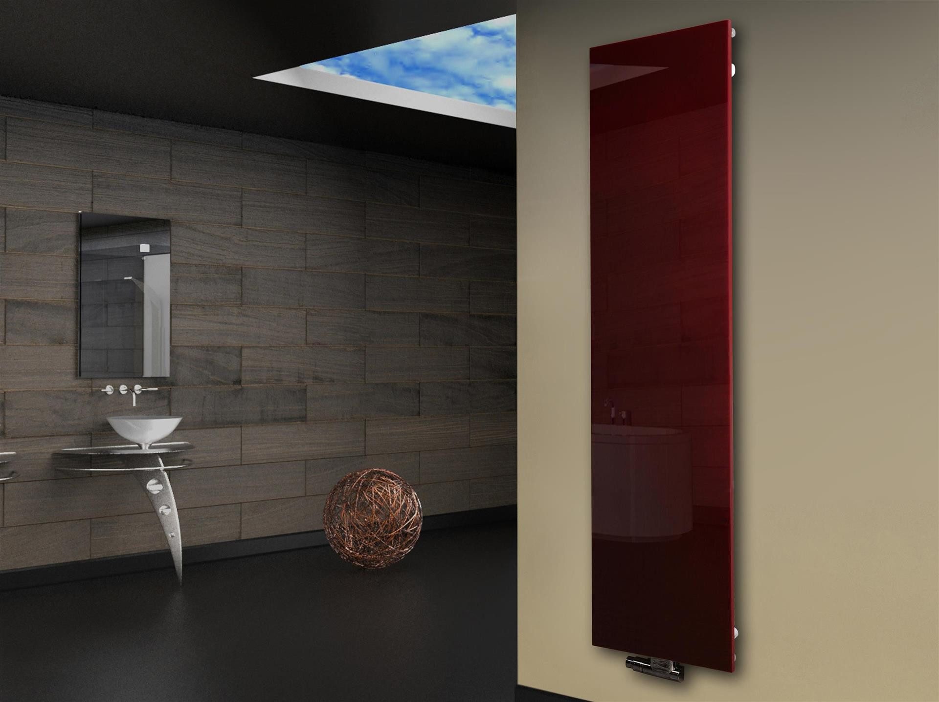 Szagato Badheizkörper Badheizkörper mit Glas Montevideo 3 Glasfront 180x47cm 1118 Watt rot, 5 Jahre Garantie, Made in Germany