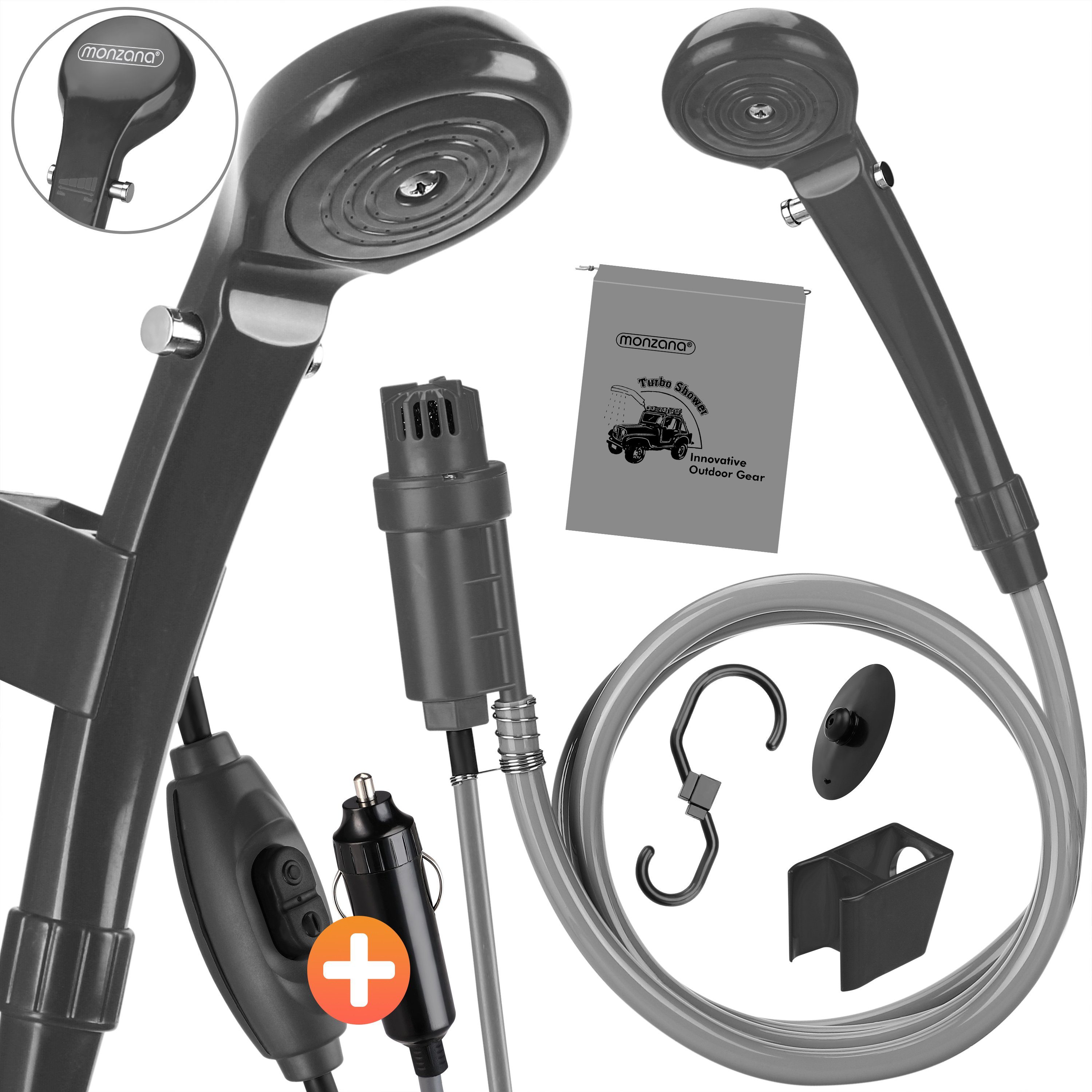 monzana Bewässerungsschlauch, Campingdusche Gartendusche 12V KFZ-Adapter mit Pumpe 2m Schlauch