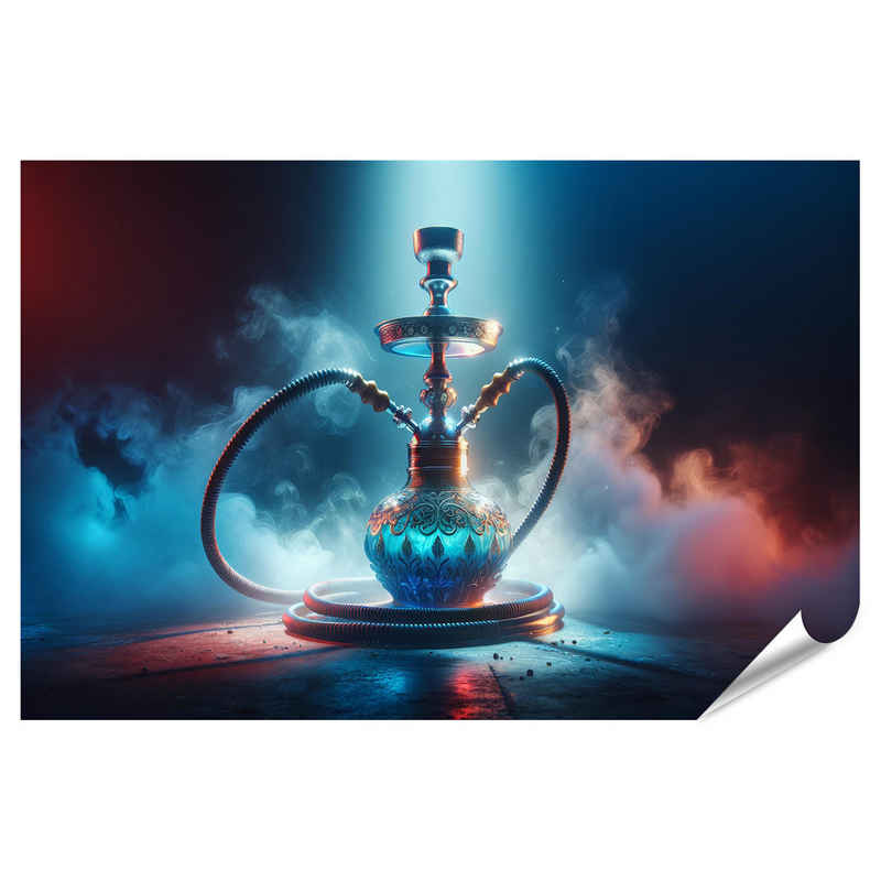 islandburner Poster Geheimnisvolle Shisha mit blauer Glasbasis und mystischem Nebel