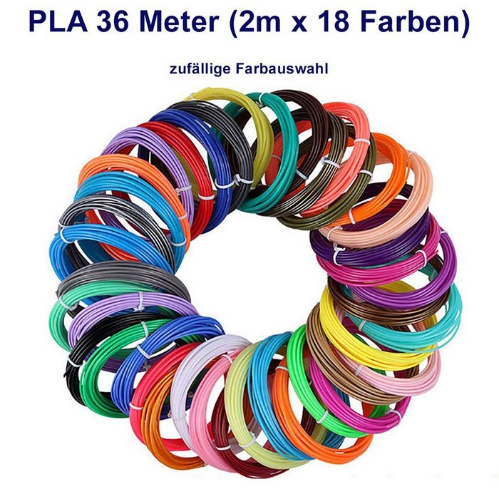 TPFNet 3D-Drucker-Stift PLA-Filament SetZubehör für 3D Drucker Stift - 3D-Malerei Kinderspielzeug - Farb Set PLA Filament 36m (2M x 18 zufällige Farben)