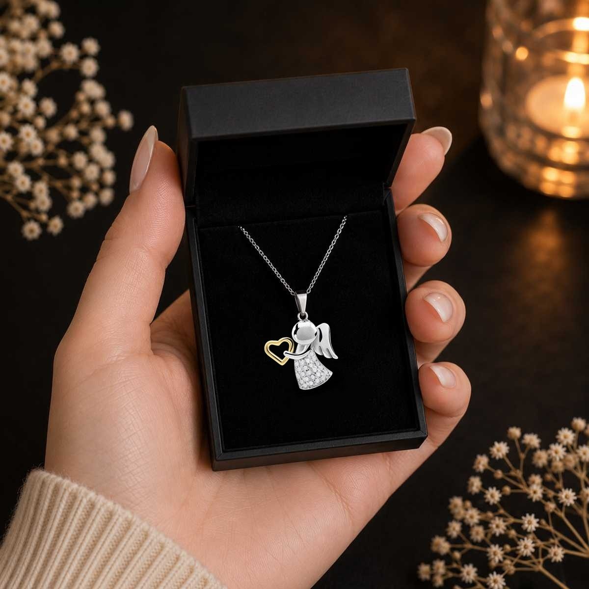 Goldene Hufeisen Kette mit Anhänger Schutzengel Herz Zirkonia Halskette 925 Sterling Silber Damen Mädchen (2-tlg, inkl. Etui), Rhodiniert, Schmuck Geschenk, mit – Bild 4 von 5