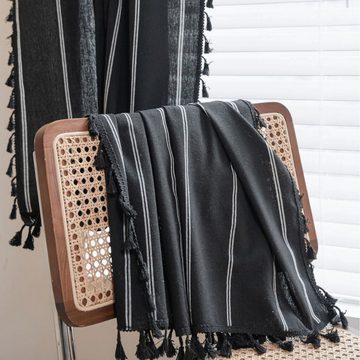 Vorhang Vorhang Vorhang aus garngefärbtem schwarzem Boden Quaste, AUKUU, kleines Fenster Küchenvorhang Baumwolle und Leinen