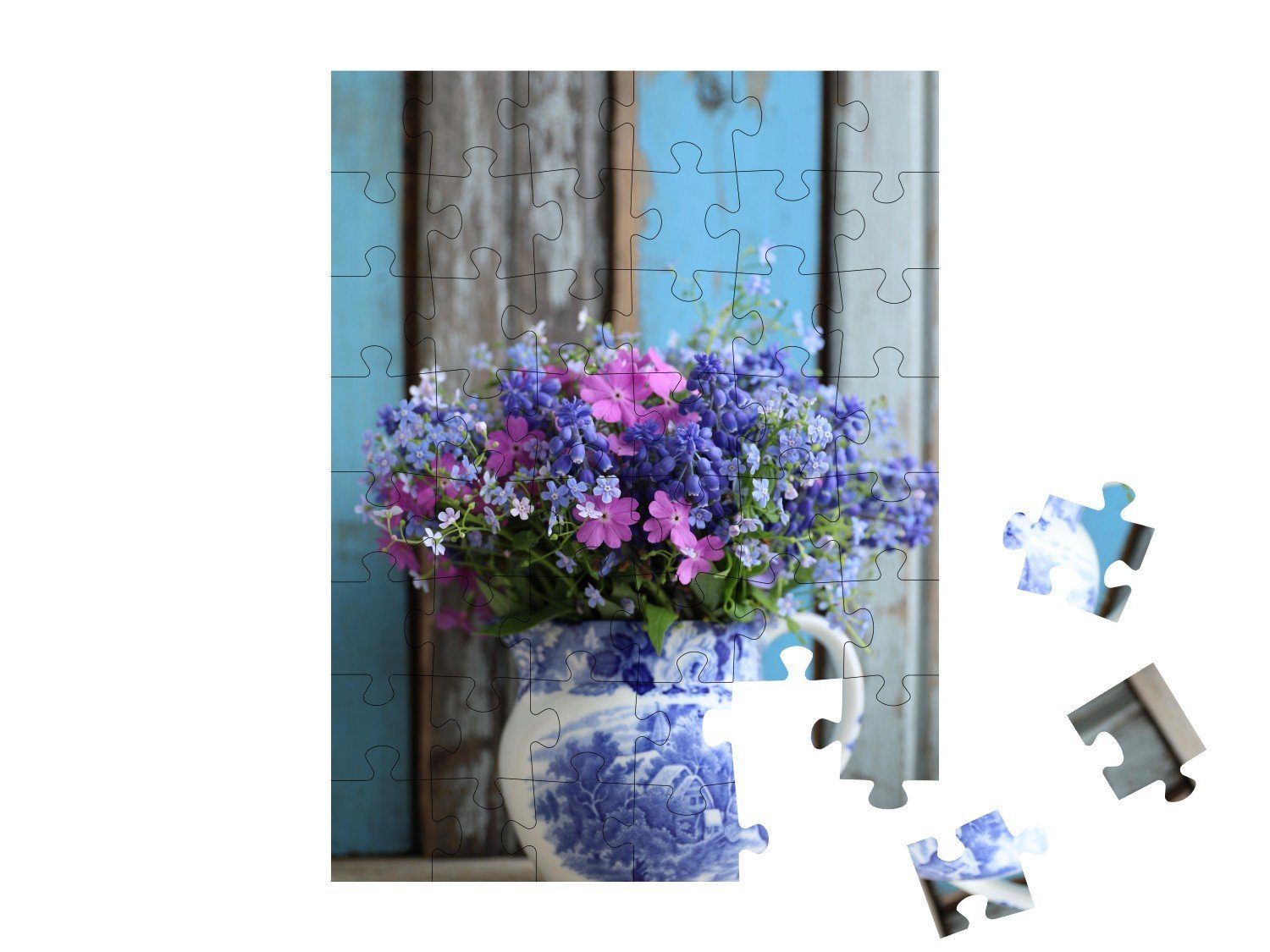puzzleYOU Puzzle Blau und rosa Bouquet, Blumenvasen, Puzzleteile, Blumen puzzleYOU-Kollektionen & Vintage-Blumenstrauß, 48 Pflanzen
