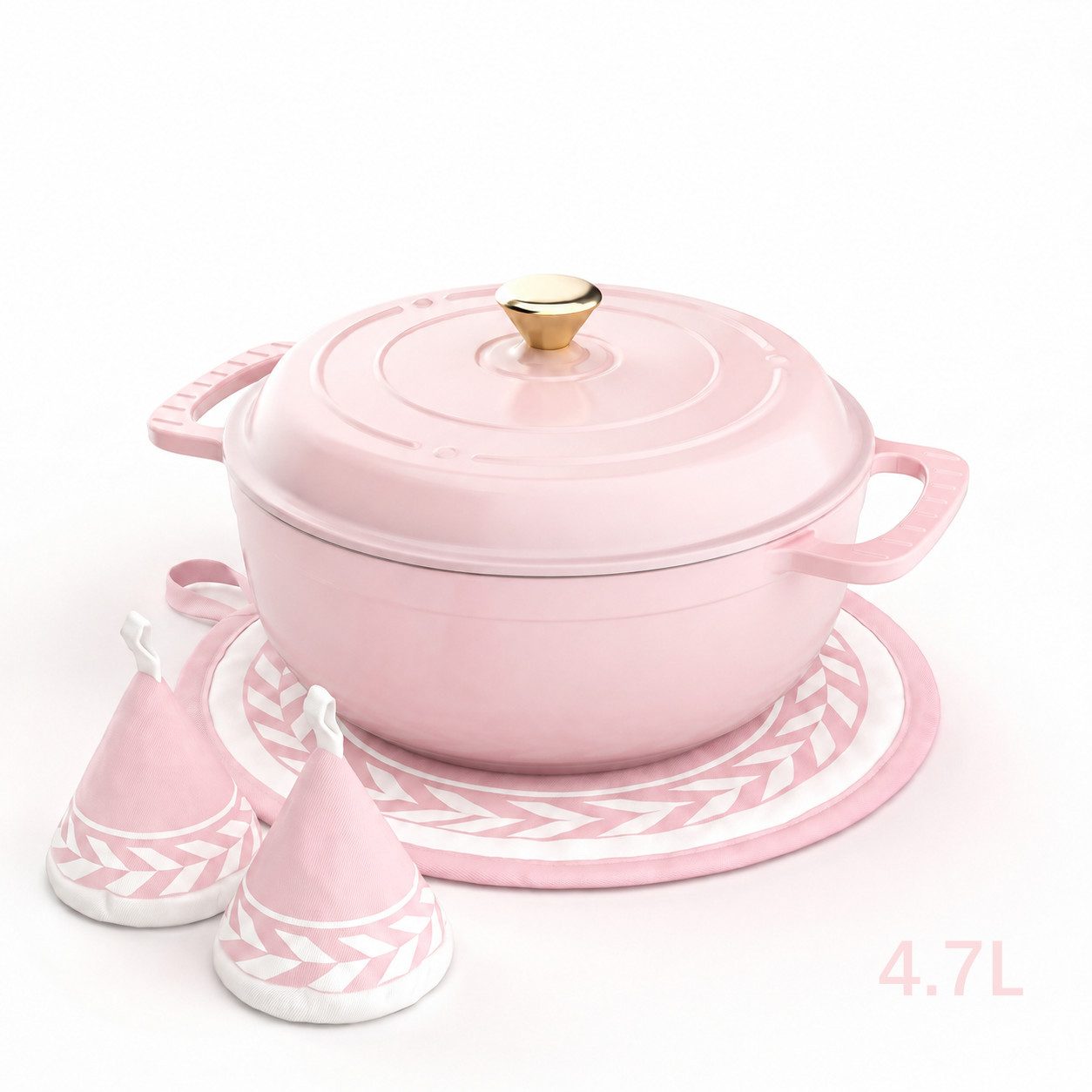LALAHO Bratentopf 4,7 l / 5,7 l Gusseisentopf (Farbverlauf in Rosa), Inklusive Ofenhandschuhen und Untersetzer