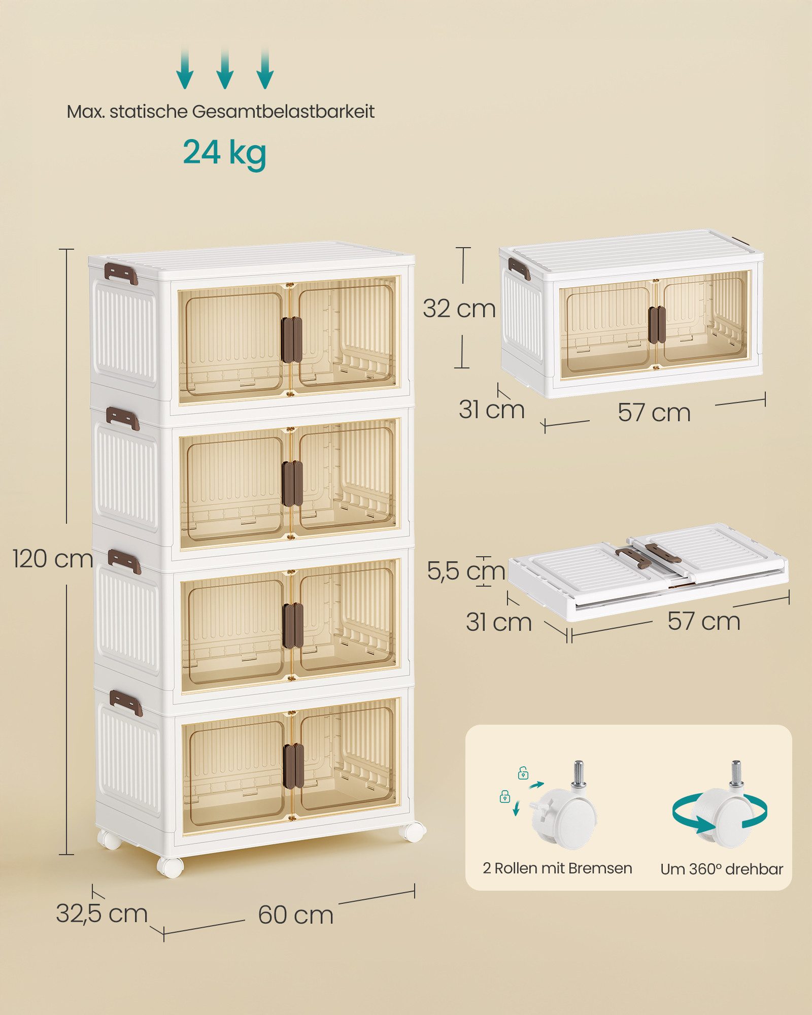 SONGMICS Aufbewahrungsbox 4 Ebenen, Organizer mit 1 Deckel, Stapelboxen auf Rollen, Plastikboxen, Ordnungsboxen 25/45/55 L pro Ebene, 100/180/220 L insgesamt