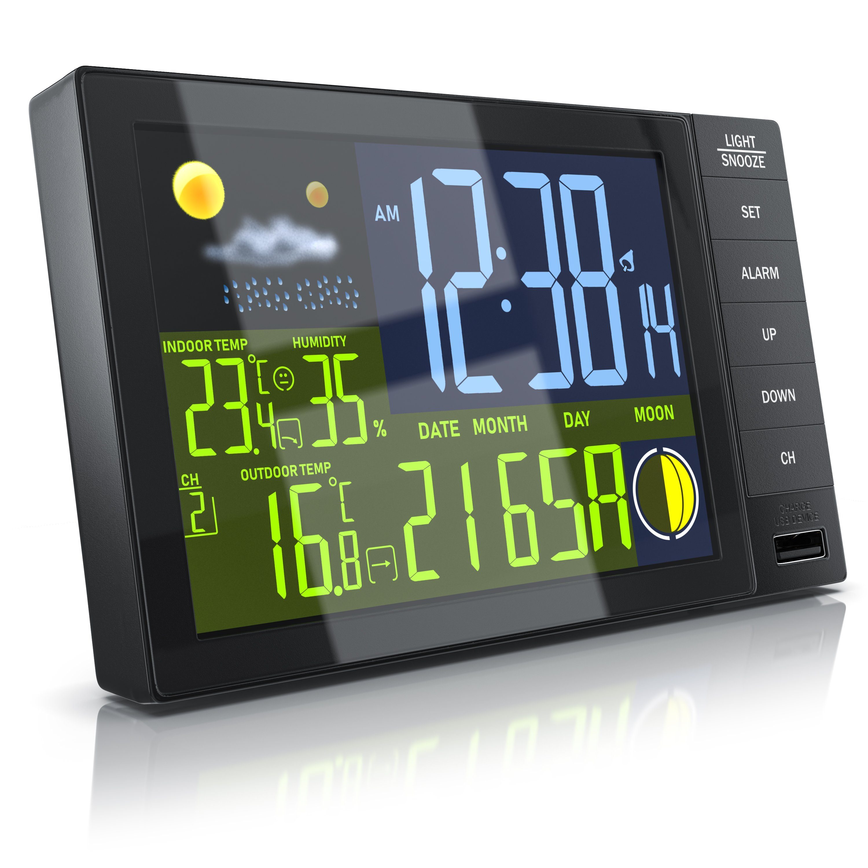 BEARWARE Funk, mit Farbdisplay, Wireless Funksensor/Außensensor, DCF Funkuhr Wetterstation (mit Außensensor, Thermometer, Mondphasen, Luftfeuchtigkeit, Wettervorhersage usw)