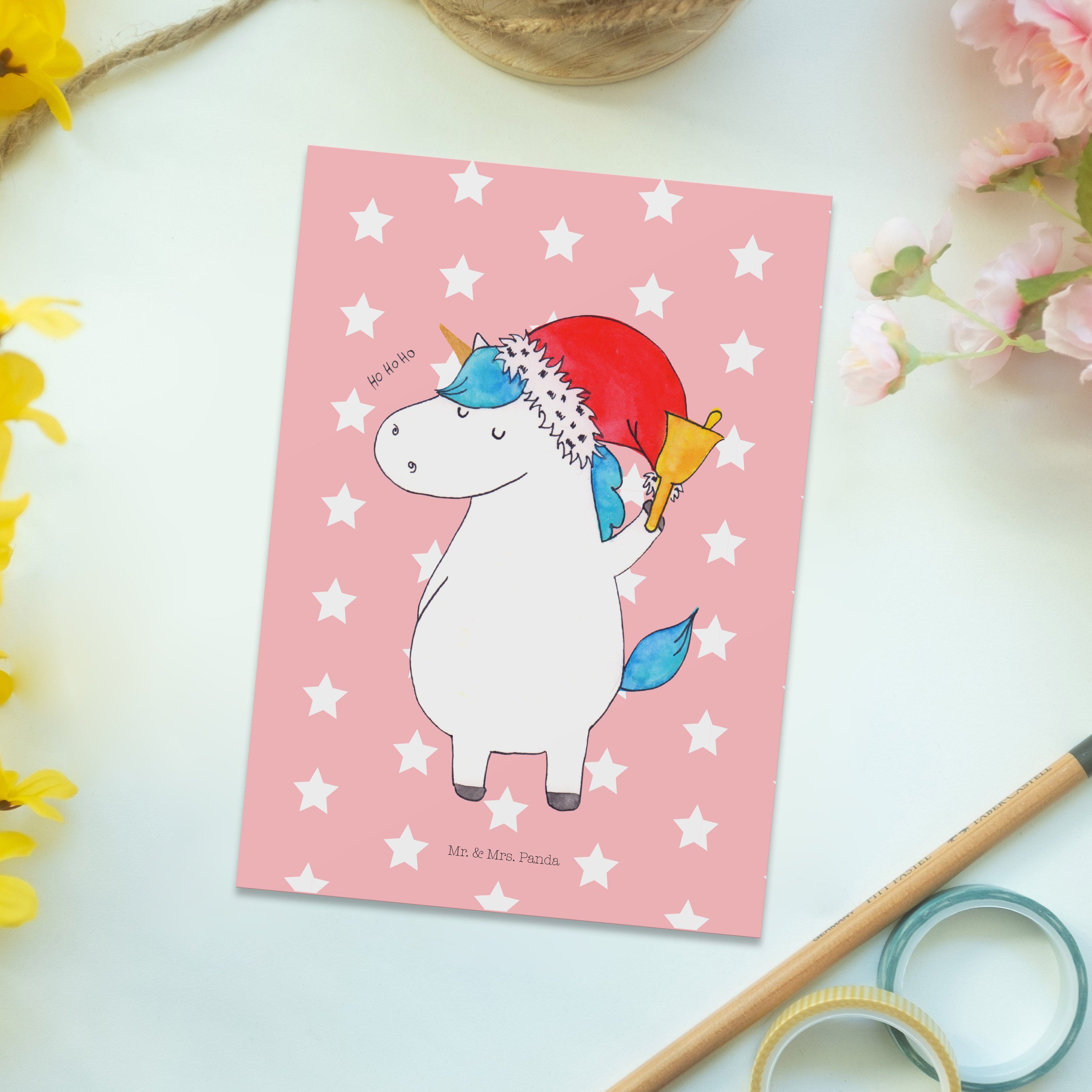 Mr. & Mrs. Panda Postkarte Einhorn Weihnachtsmann - Rot Pastell - Geschenk, Geburtstagskarte, We