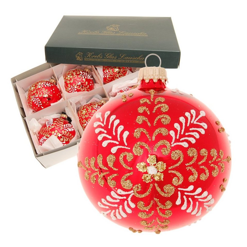 Krebs Glas Lauscha Christbaumschmuck Rot glanz 8cm Glaskugel Blumen-Stil  mundgeblasen und handdekoriert (6-tlg)